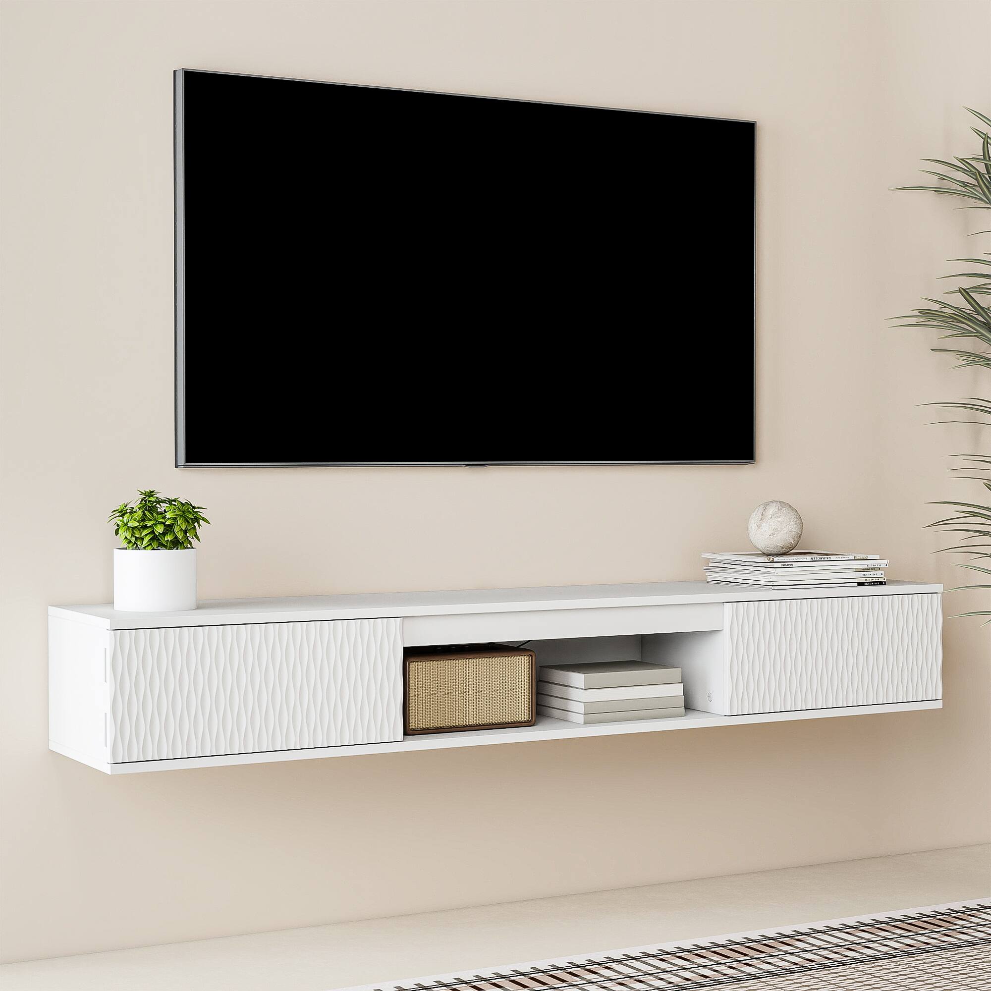 Back. Kadyn - Wall-Mounted Floating TV Stand with LED Lighting and Textured Wave  Design - White.