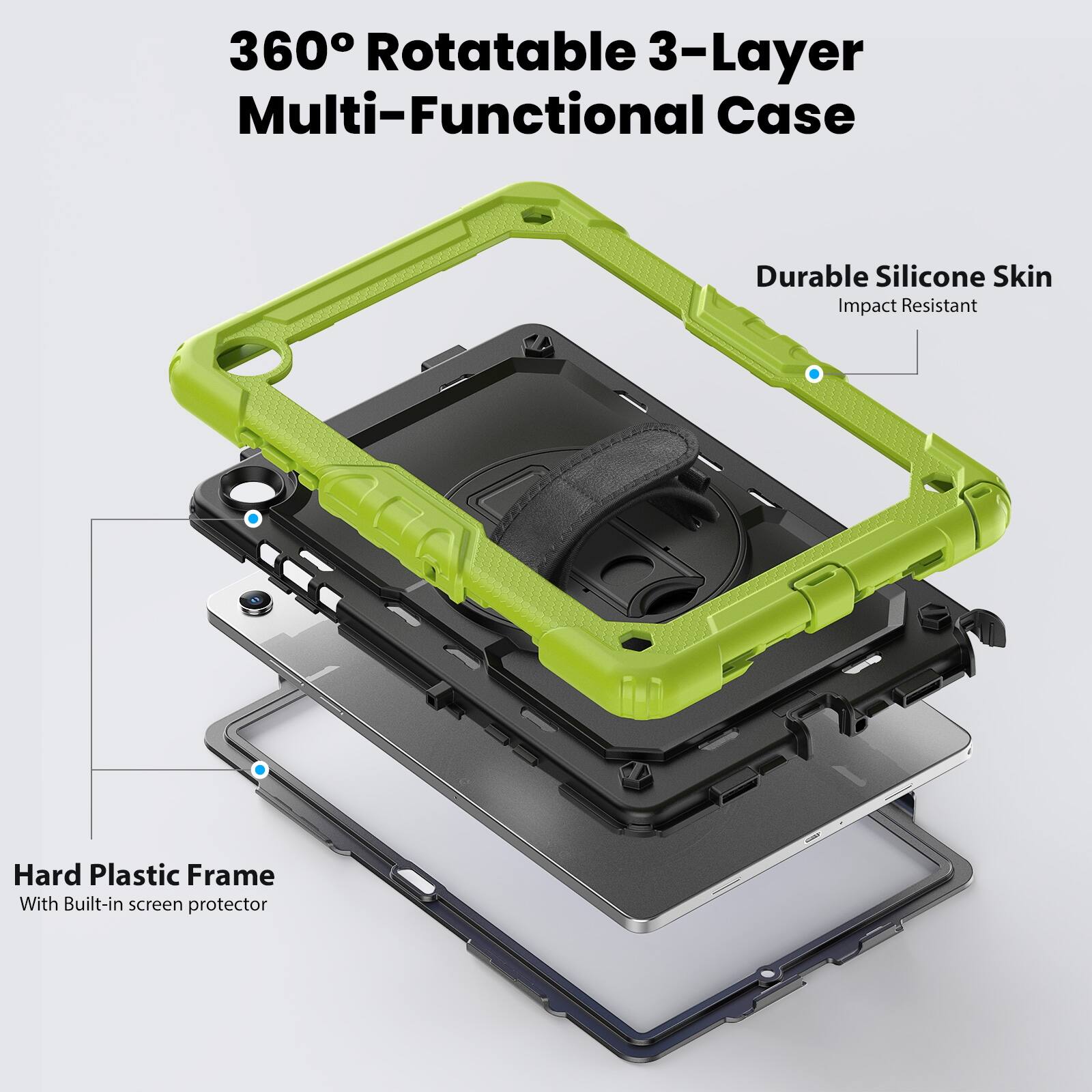 360° Rotatable 3-Layer Multi-Functional Case

Durable Silicone Skin
Impact Resistant

Hard Plastic Frame
With Built-in screen protector