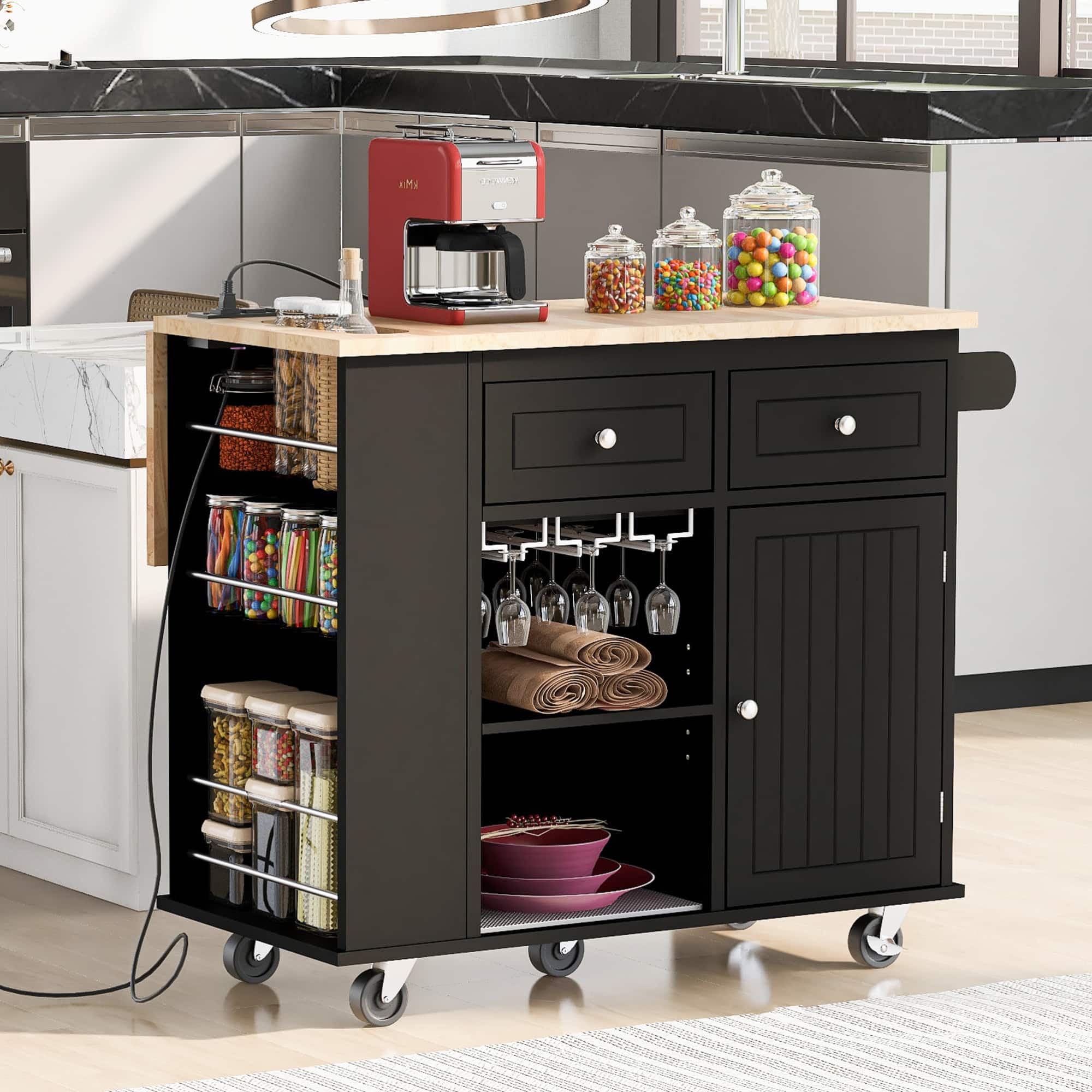ELEMENT ACE - Versatile Kitchen Island Cart with Power Outlet, Adjustable Shelves, and Lockable Wheels for Enhanced Storage - Black