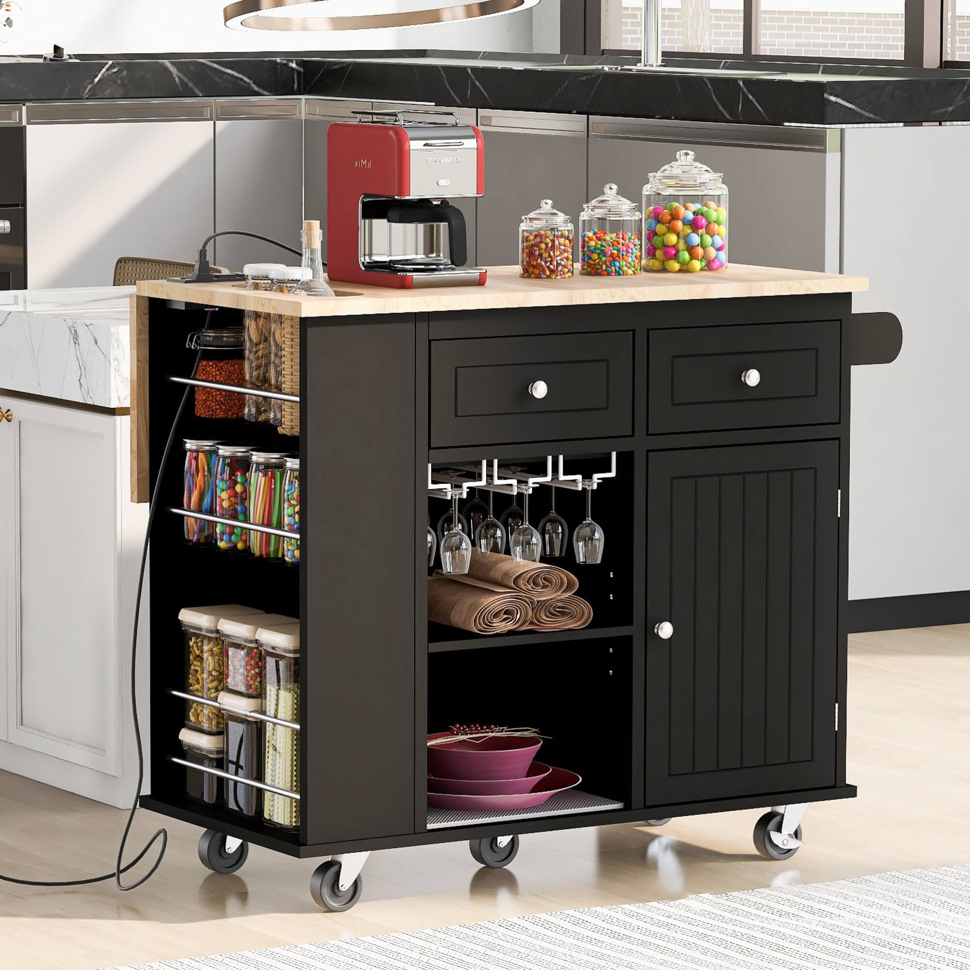 Front. ELEMENT ACE - Versatile Kitchen Island Cart with Power Outlet, Adjustable Shelves, and Lockable Wheels for Enhanced Storage - Black.