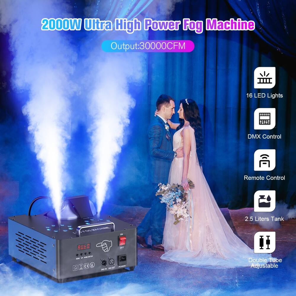 2000W Ultra High Power Fog Machine  
Output: 30000CFM  

- 16 LED Lights  
- DMX Control  
- Remote Control  
- 2.5 Liters Tank  
- Double Tube Adjustable