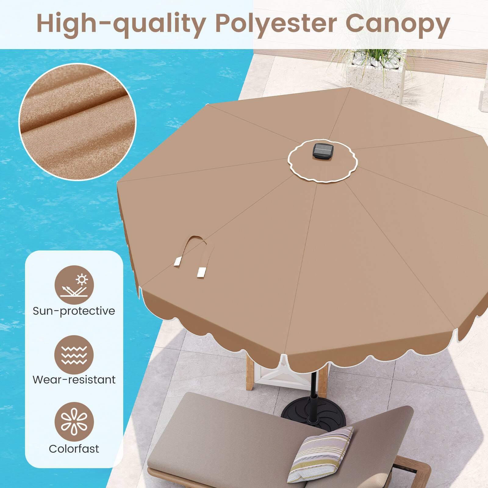 High-quality Polyester Canopy
Sun-protective
Wear-resistant
Colorfast