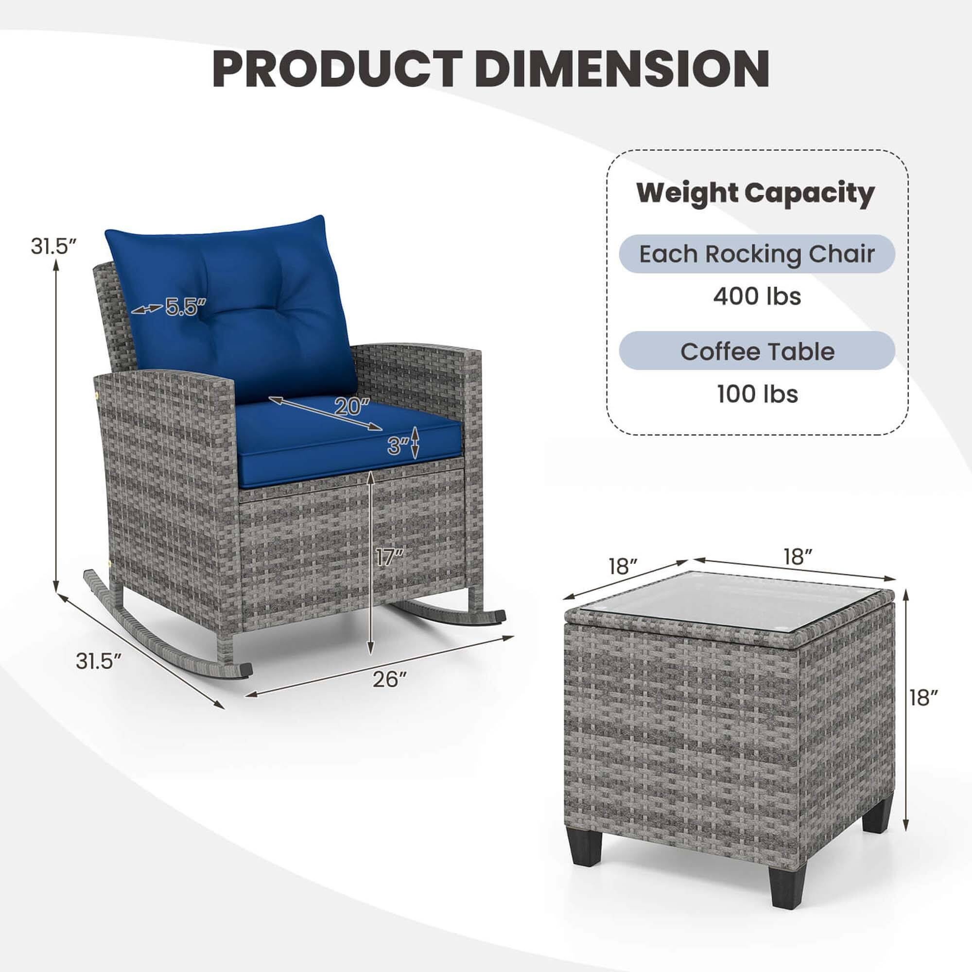 PRODUCT DIMENSION Weight Capacity 31.5" 5.5" Each Rocking Chair 400 lbs Coffee Table 20" 3$ 100 lbs 17 18" 18" 31.5" 26" 18"