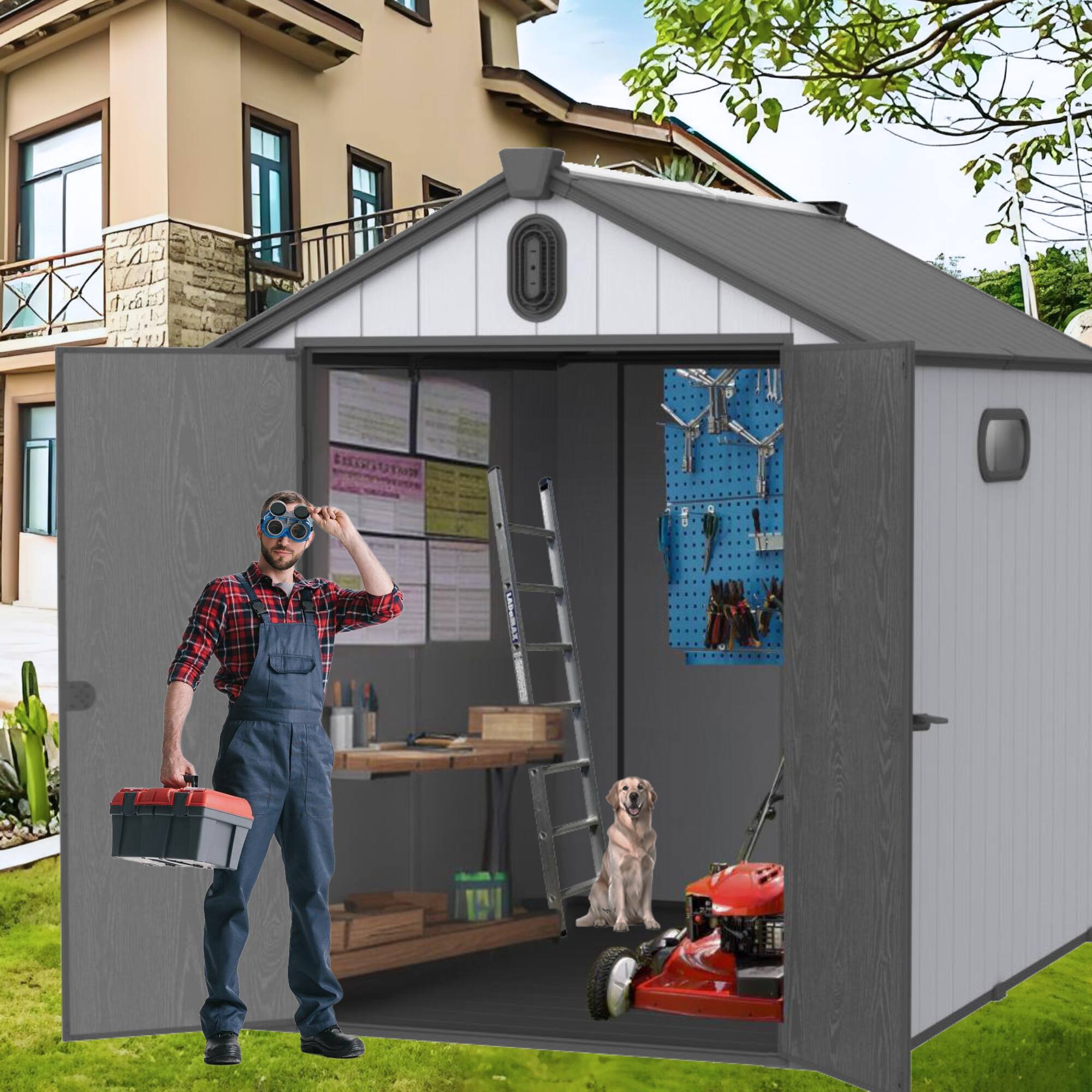 Left. Loheer - Weather-Resistant 6.1 x 7.9 ft Resin Storage Shed for Backyard Garden Tool Organization - Black+Grey.