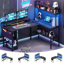 Aheaplus - 49'' Reversible L-Shaped Computer Gaming Desk with LED Lights, Power Outlets, and Hutch Storage - Gray Oak