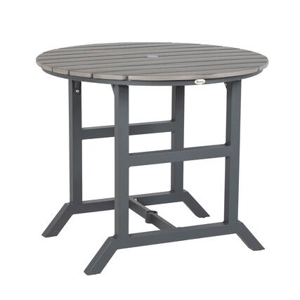 Front. Outsunny - Round Patio Table with Umbrella Hole, Outdoor Dining Table for 4 People, Aluminum Frame and Slatted HDPE Tabletop - Dark Gray.