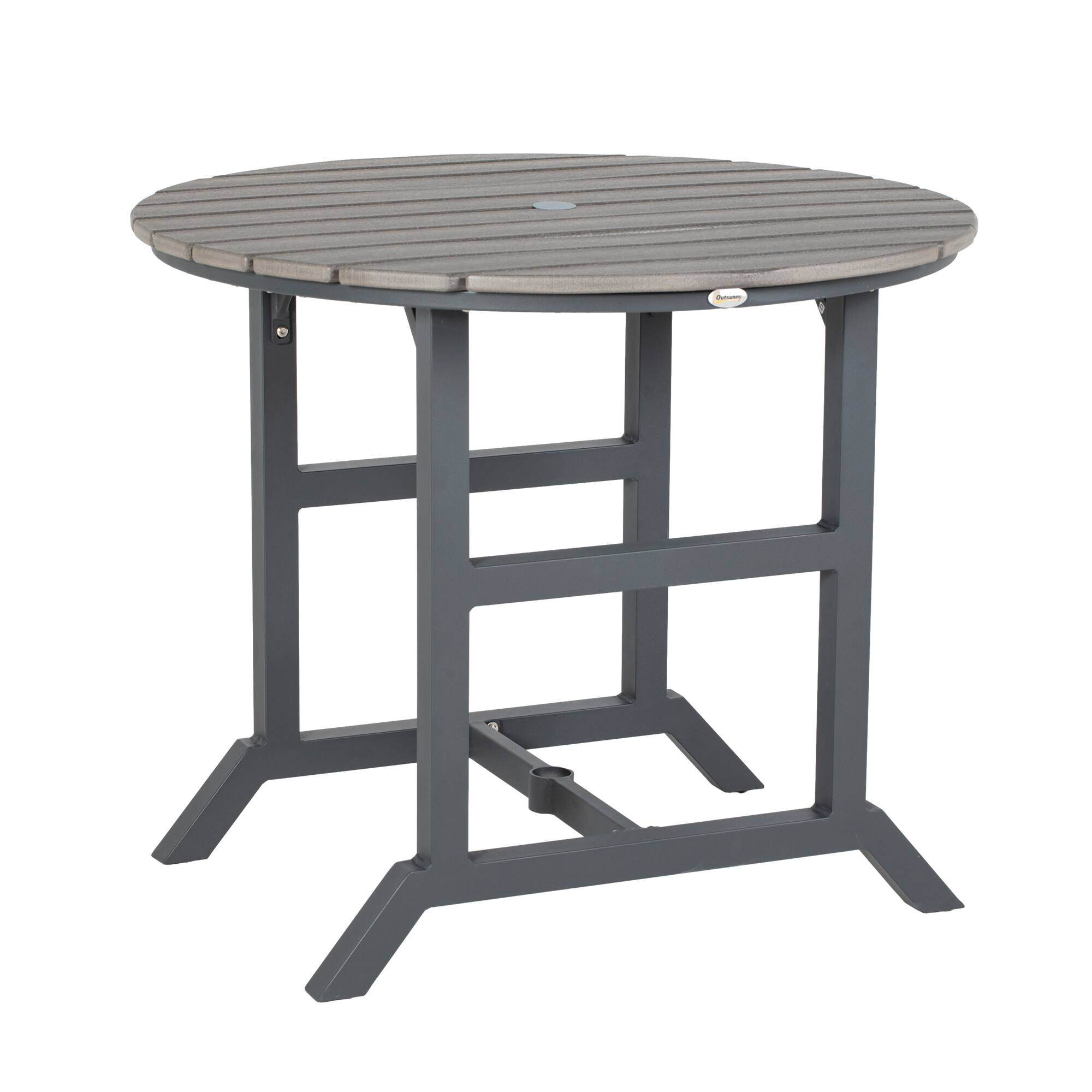 Front. Outsunny - Round Patio Table with Umbrella Hole, Outdoor Dining Table for 4 People, Aluminum Frame and Slatted HDPE Tabletop - Dark Gray.