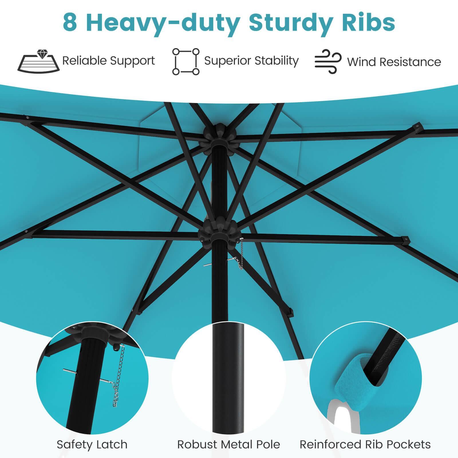 The text on the image is grouped and corrected as follows:

8 Heavy-duty Sturdy Ribs: Reliable Support, Superior Stability, Wind Resistance, Safety Latch, Robust Metal Pole, Reinforced Rib Pockets.