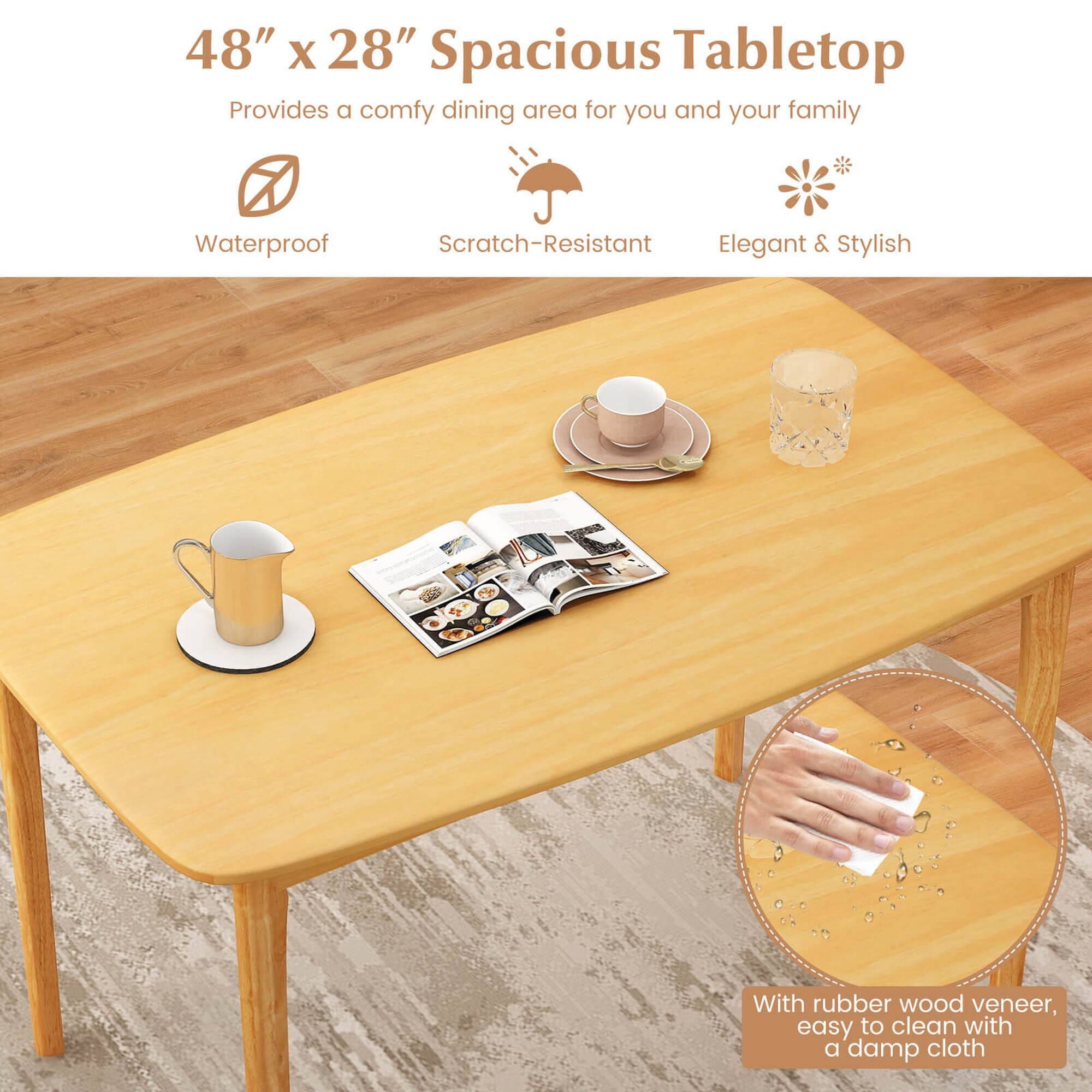 The image features a wooden dining table with a rubber wood veneer, providing a comfortable dining area for you and your family. The table is waterproof and scratch-resistant, making it easy to clean with a damp cloth. The table is also elegant and stylish, making it an attractive addition to your home.