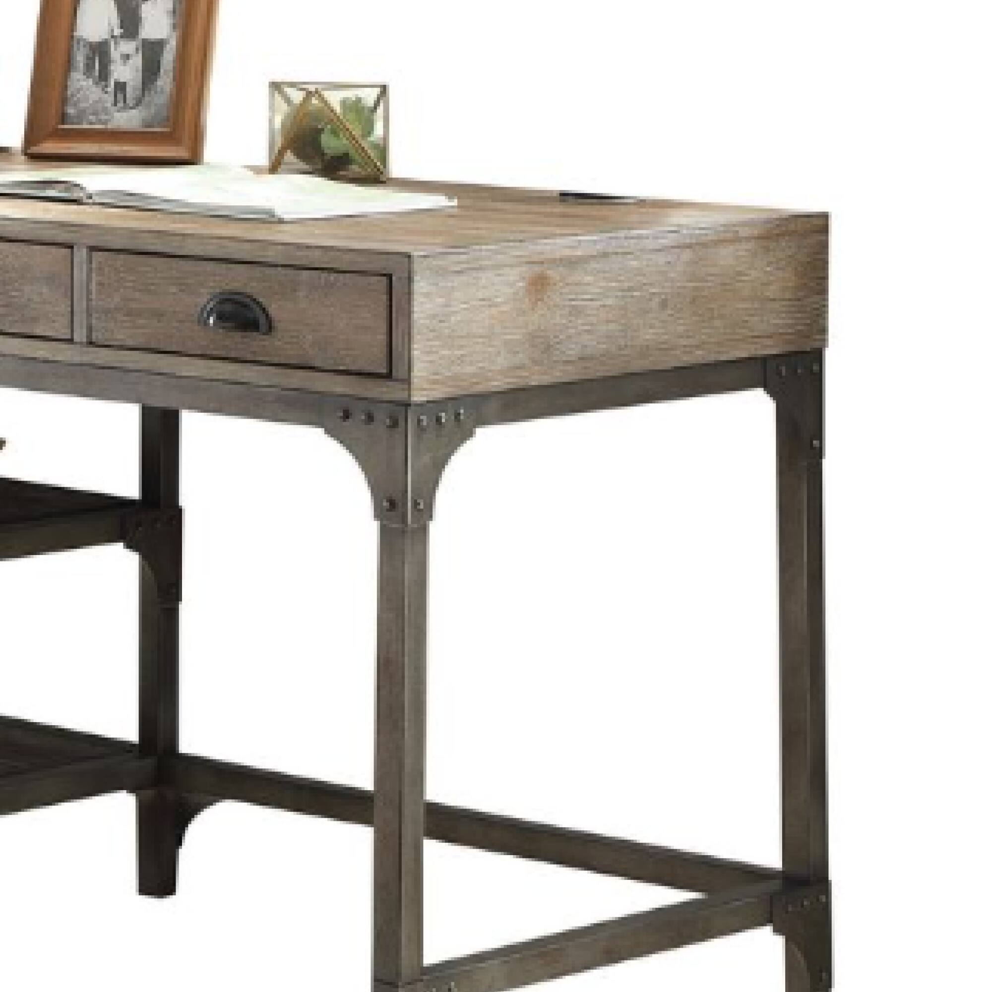 Back. GOODSILO - Weathered Oak Finish Antique Silver Metal Writing Desk with Three Drawers and Open Shelves - Oak.