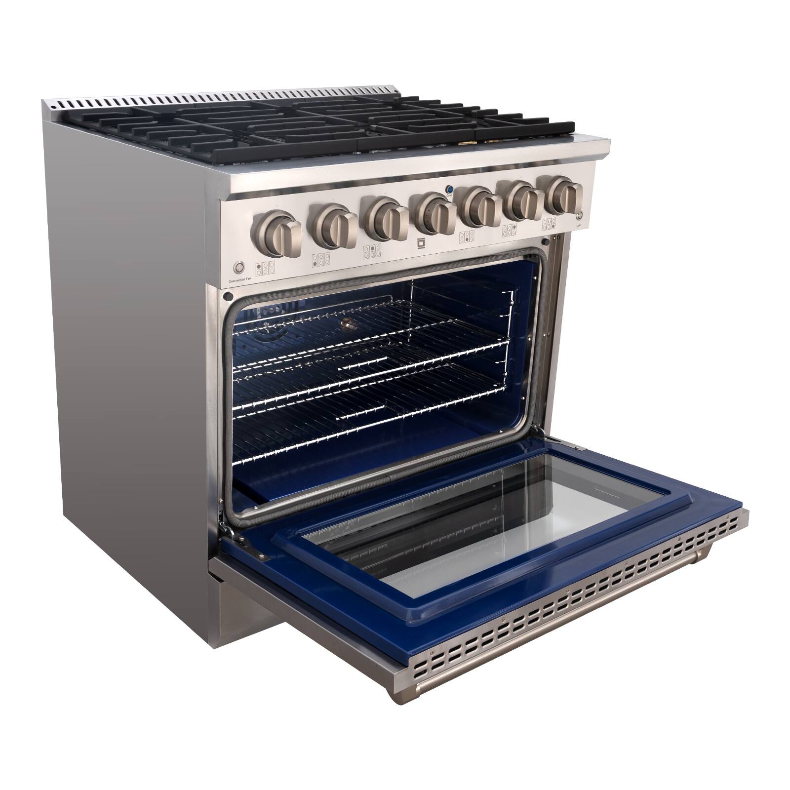 Angle. Akicon - Akicon 5.2 Cu.ft Slide-in Freestanding Gas Convection Range with 6 Burners and Cast Iron Grates in Stainless Steel - Stainless Steel.