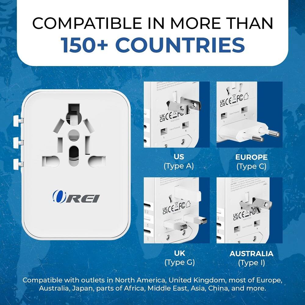 COMPATIBLE IN MORE THAN 150+ COUNTRIES

US (Type A)  
EUROPE (Type C)  
UK (Type G)  
AUSTRALIA (Type I)  

Compatible with outlets in North America, United Kingdom, most of Europe, Australia, Japan, parts of Africa, Middle East, Asia, China, and more.