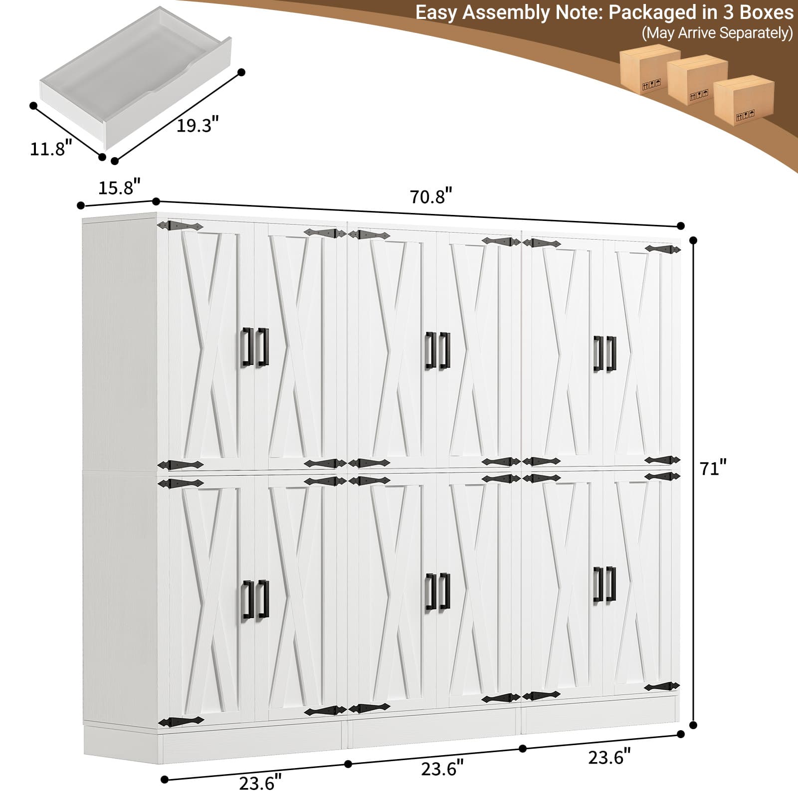 Easy Assembly Note: Packaged in 3 Boxes (May Arrive Separately)

11.8" x 19.3" x 15.8" x 70.8" x 71" x 23.6" x 23.6" x 23.6"