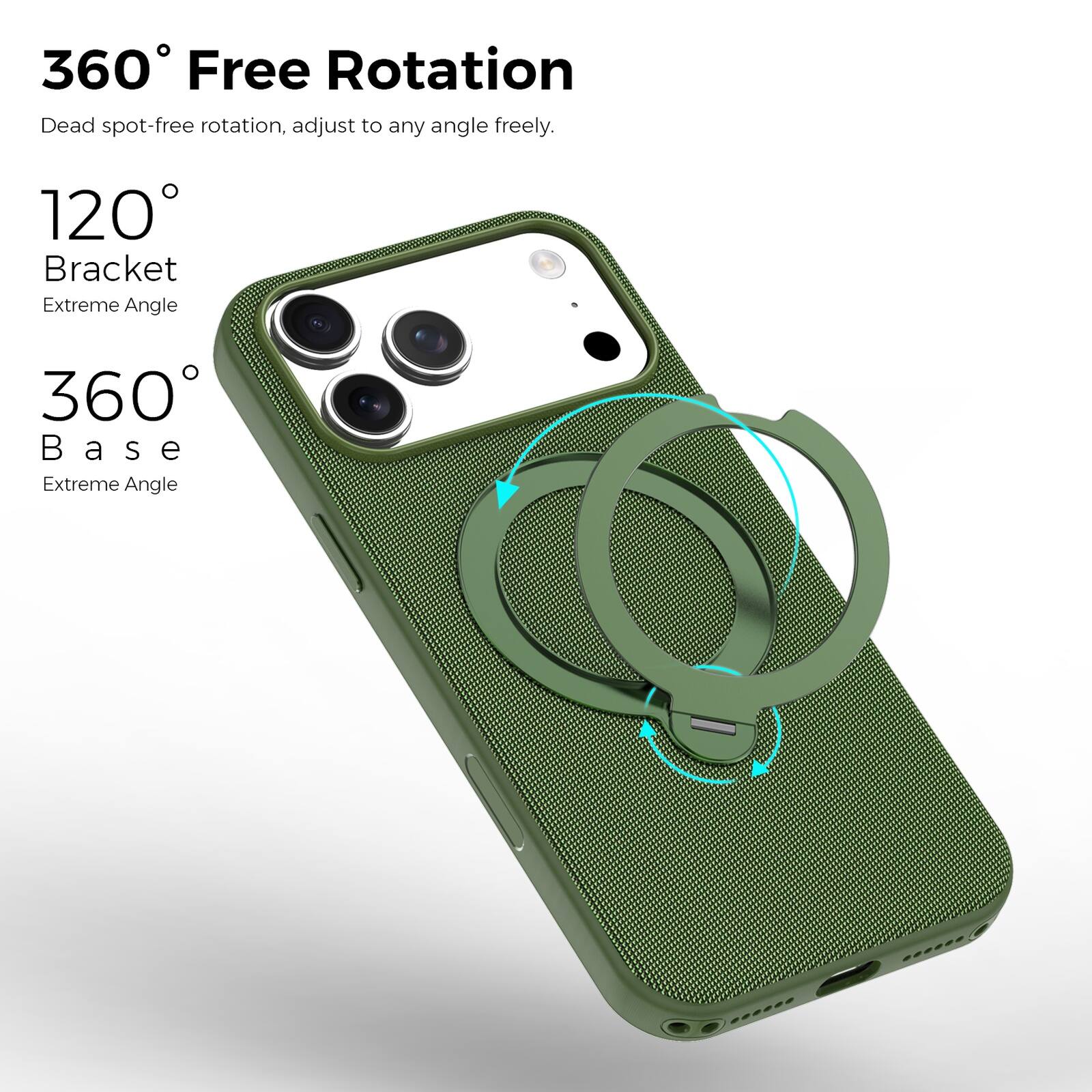 360° Free Rotation  
Dead spot-free rotation, adjust to any angle freely.  

120° Bracket  
Extreme Angle  

360° Base  
Extreme Angle