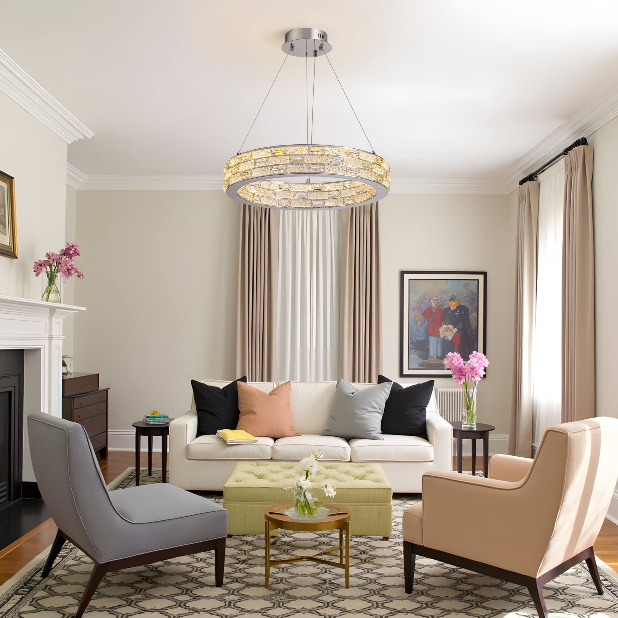 Siljoy - 60cm Modern Round Luxury Crystal Chandelier, 3-Color Dimming, 3"-63" Adjustable, K9 Crystals, for Living/Dining Room