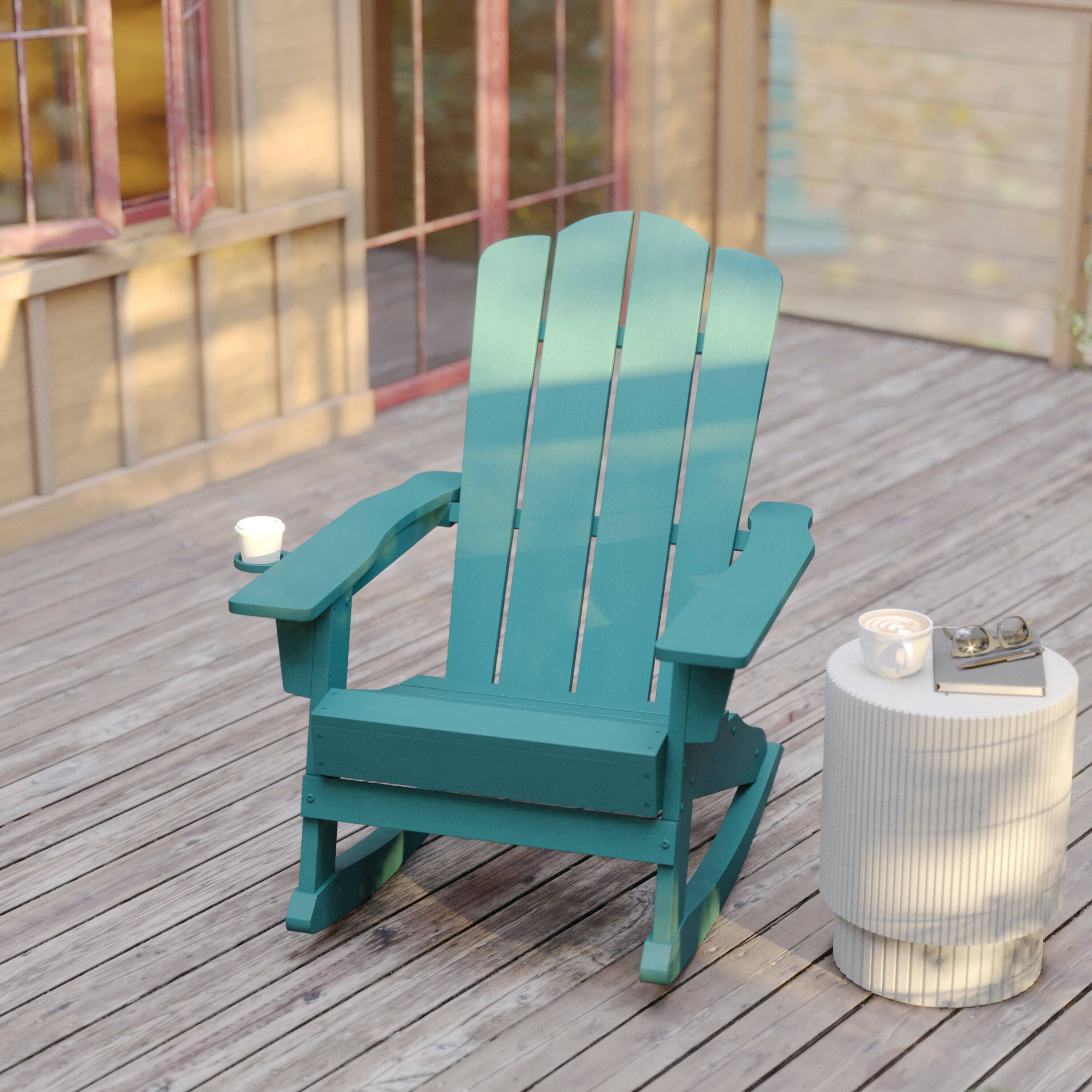 Alt View 2. Flash Furniture - Newport Adirondack Rocking Chair with Cup Holder, Weather Resistant HDPE Adirondack Rocking Chair in Blue - Blue.