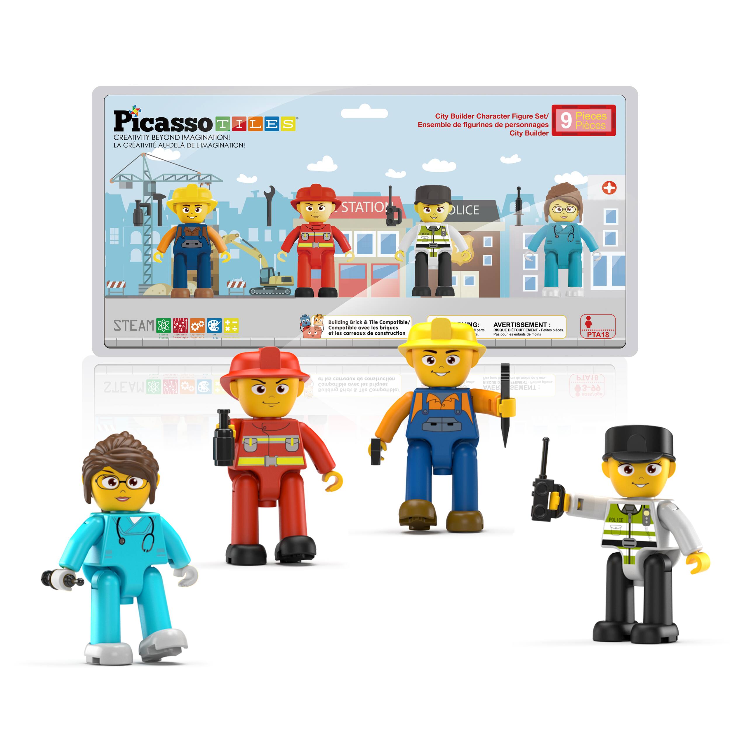 Picasso TILES  
CREATIVITY BEYOND IMAGINATION!  
LA CRÉATIVITÉ AU-DELÀ DE L'IMAGINATION!  

City Builder Character Figure Set / Ensemble de figurines de personnages City Builder  
9 Pieces  

STATIO  
OLICE  

STEAM  
Building Brick / Brique de construction  

AVERTISSEMENT:  
PTA18  

MA3TZ  

STEAM  
Building Brick / Brique de construction  

PTA18