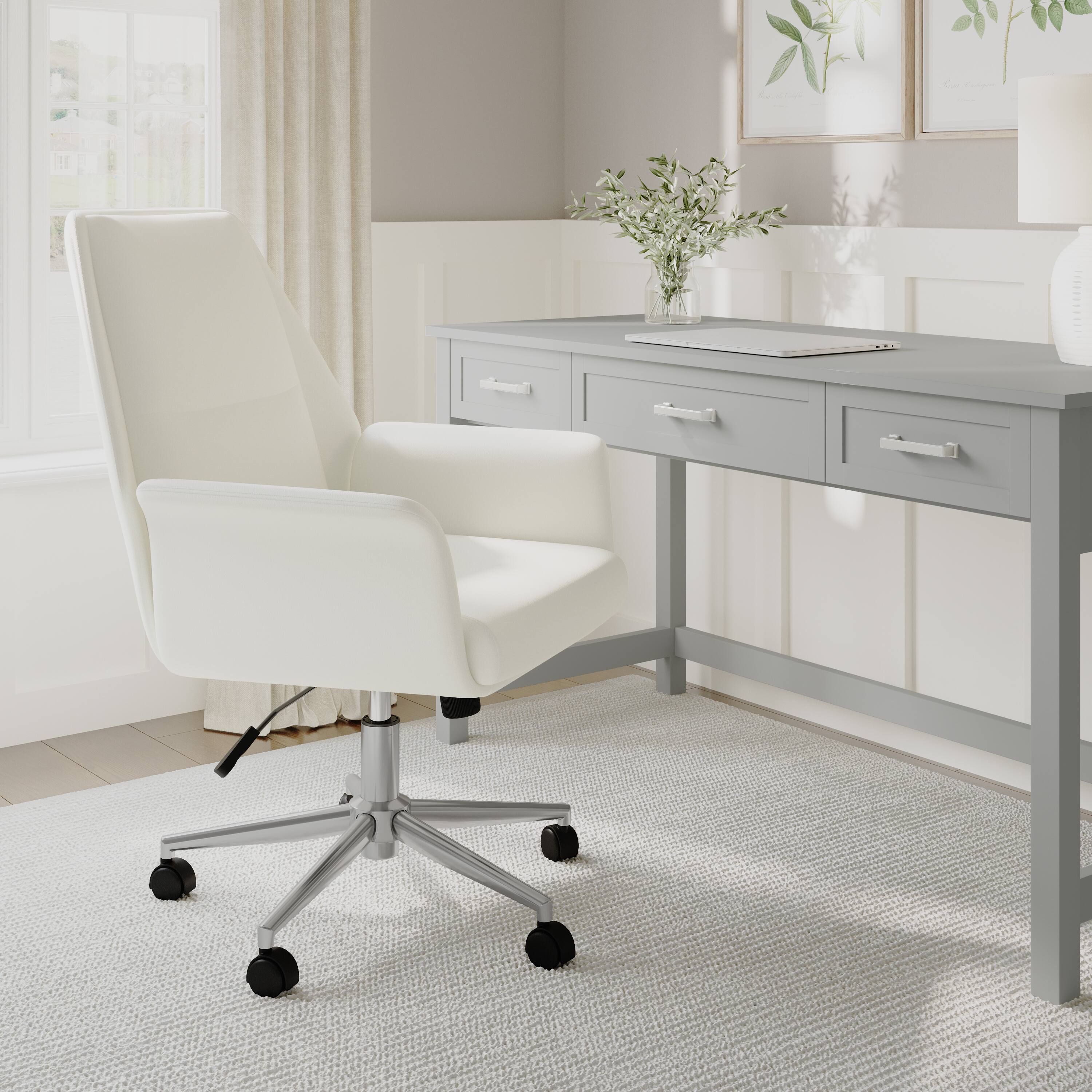 Alt View 1. Martha Stewart - Maxine Upholstered Swivel Home Office Chair with Flared Arms - White Faux Leather/Polished Nickel Frame.