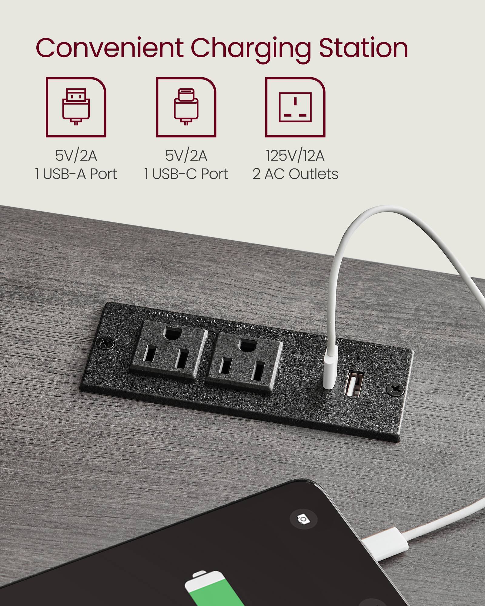 Convenient Charging Station  
5V/2A 1 USB-A Port  
5V/2A 1 USB-C Port  
125V/12A 2 AC Outlets