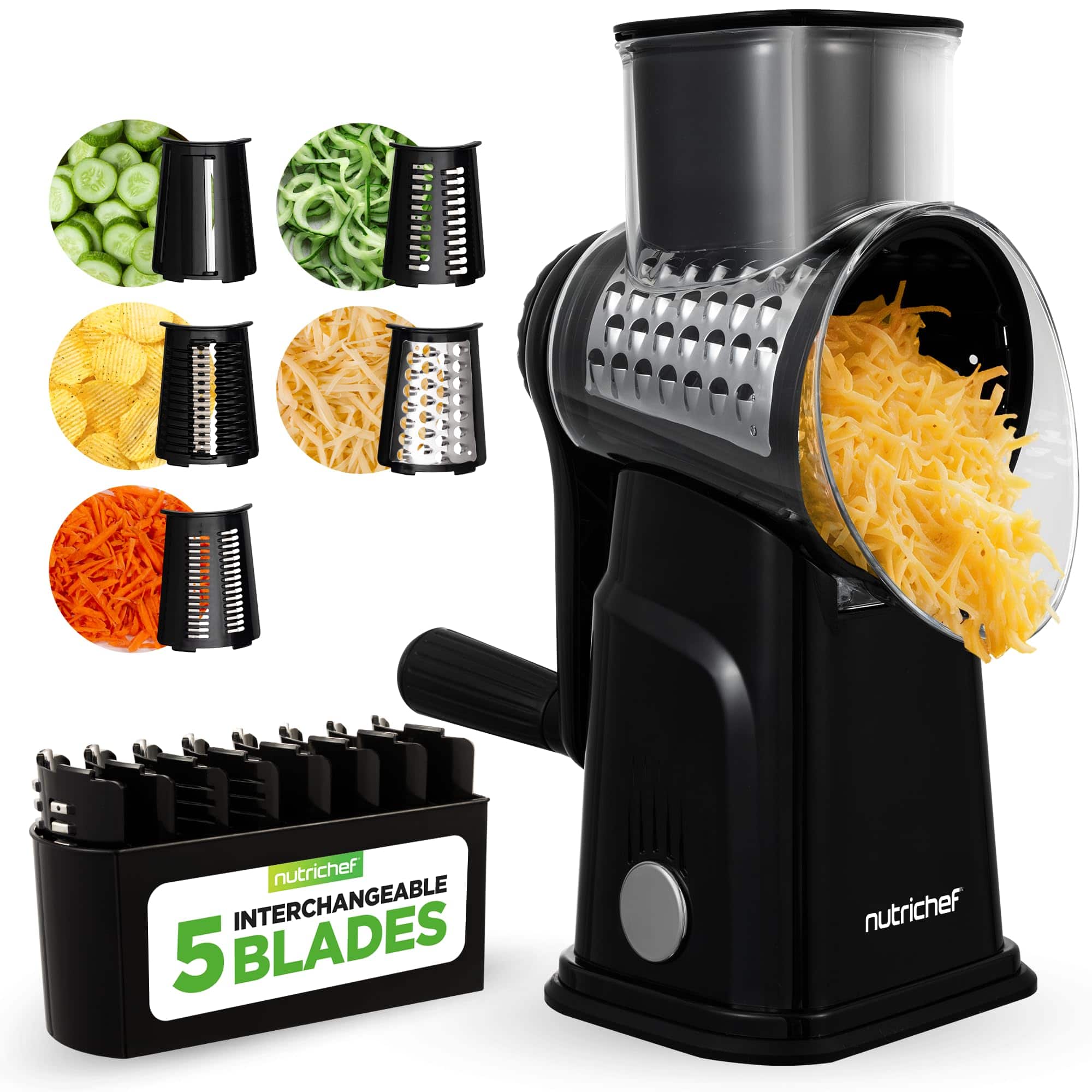 NutriChef - NCCHS5BLDBK 5-in-1 Cheese Grater & Shredder, 5 Blades, Suction Base - Black