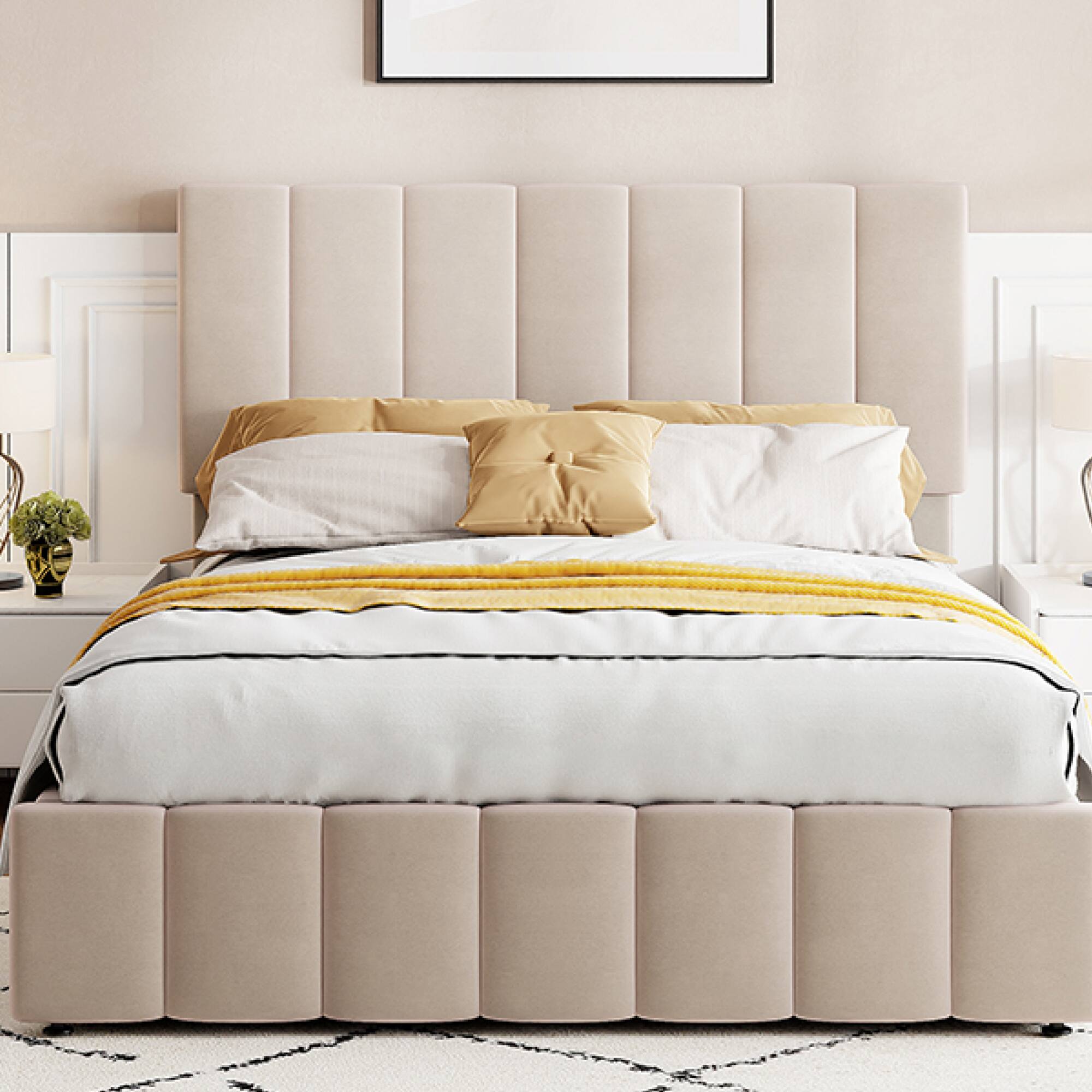 Alt View 8. GOODSILO - Full Size Upholstered Platform Bed with Hydraulic Storage System and Wooden Slat Support - Beige.