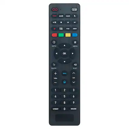 TV STB SOURCE MUTE PLAYLIST I H VOD LIVE FAV GROUP i INFO MENU OK C BACK EXIT + EPG VOL CH | 1 2 3 4 5 6 7 8 9 VFORMAT 0 RESOLUTION