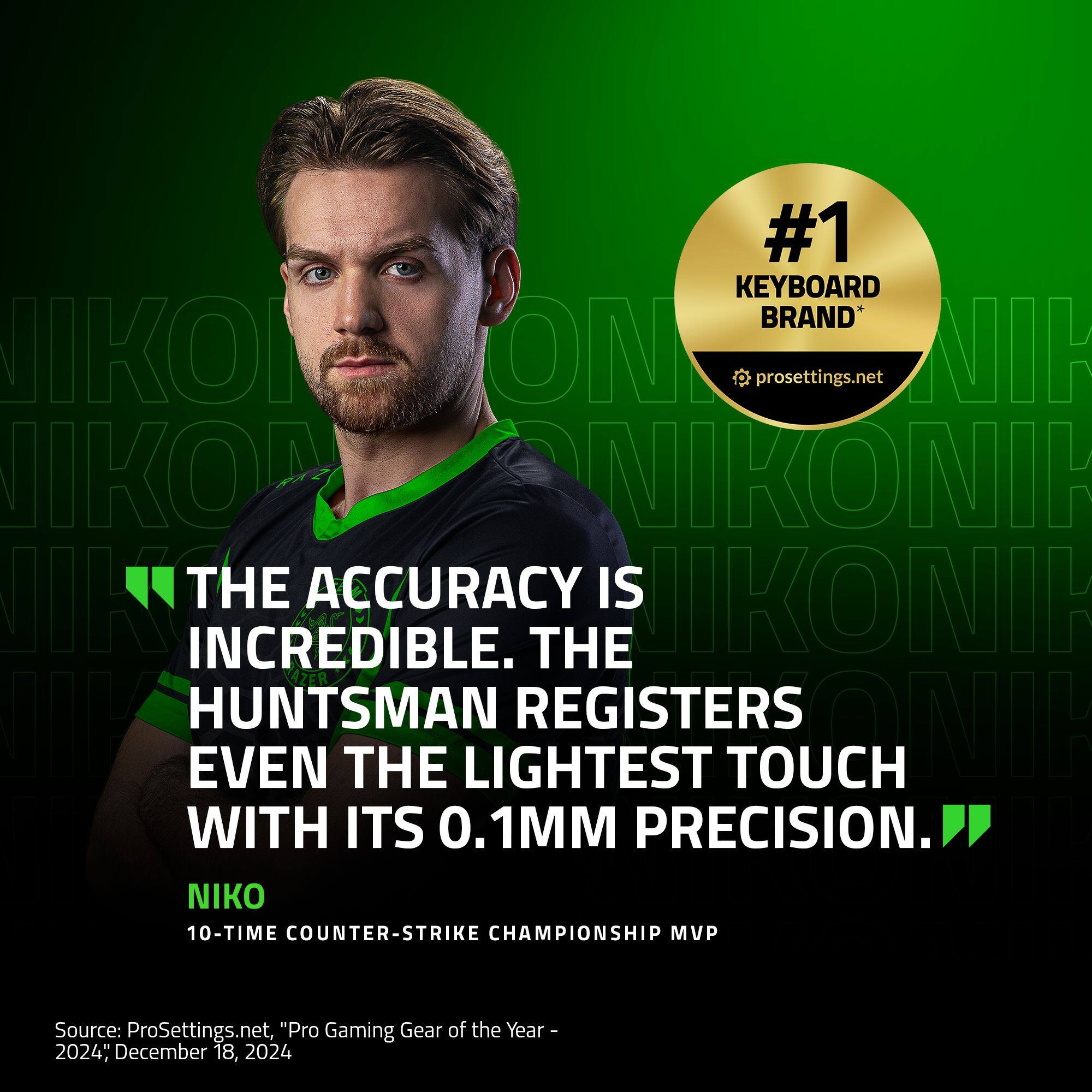 #1 KEYBOARD BRAND*  
prosettings.net  
NIKO  
THE ACCURACY IS INCREDIBLE. THE HUNTSMAN REGISTERS EVEN THE LIGHTEST TOUCH WITH ITS 0.1MM PRECISION.  
"NIKO 10-TIME COUNTER-STRIKE CHAMPIONSHIP MVP  
Source: ProSettings.net, "Pro Gaming Gear of the Year - 2024", December 18, 2024