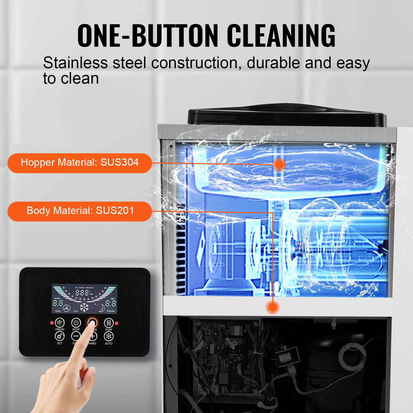 ONE-BUTTON CLEANING Stainless steel construction, durable and easy to clean

Hopper Material: SUS304

Body Material: SUS201

8 HARD 8.8 com

is Data Machine MG 0 2 Con

: 201 R

Serving

FRESH

STOP

W

PUFF

-

SET

80

HARD

AUTO