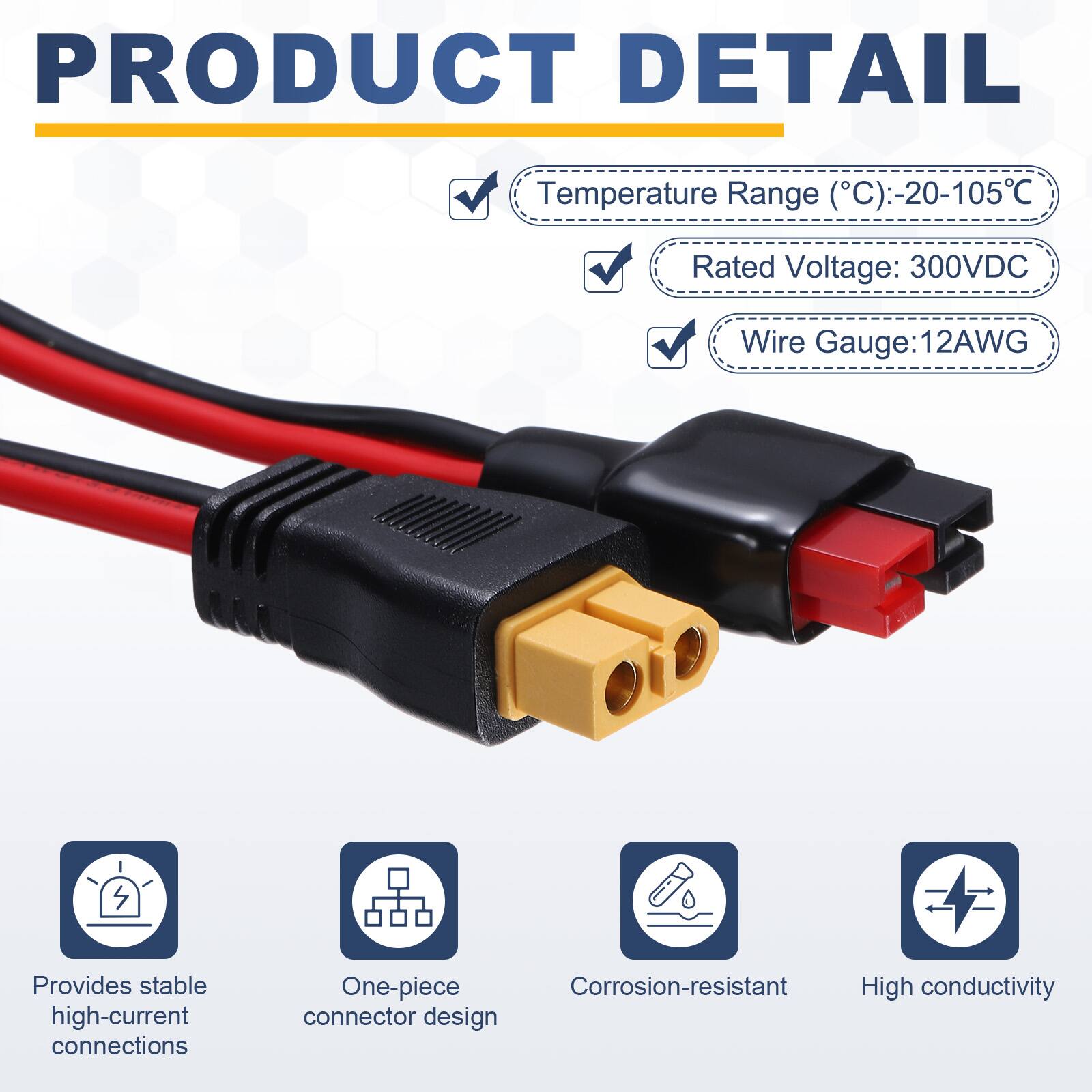PRODUCT DETAIL

Temperature Range (°C): -20-105°C  
Rated Voltage: 300VDC  
Wire Gauge: 12AWG  

Provides stable high-current connections  
One-piece Corrosion-resistant High conductivity connector design
