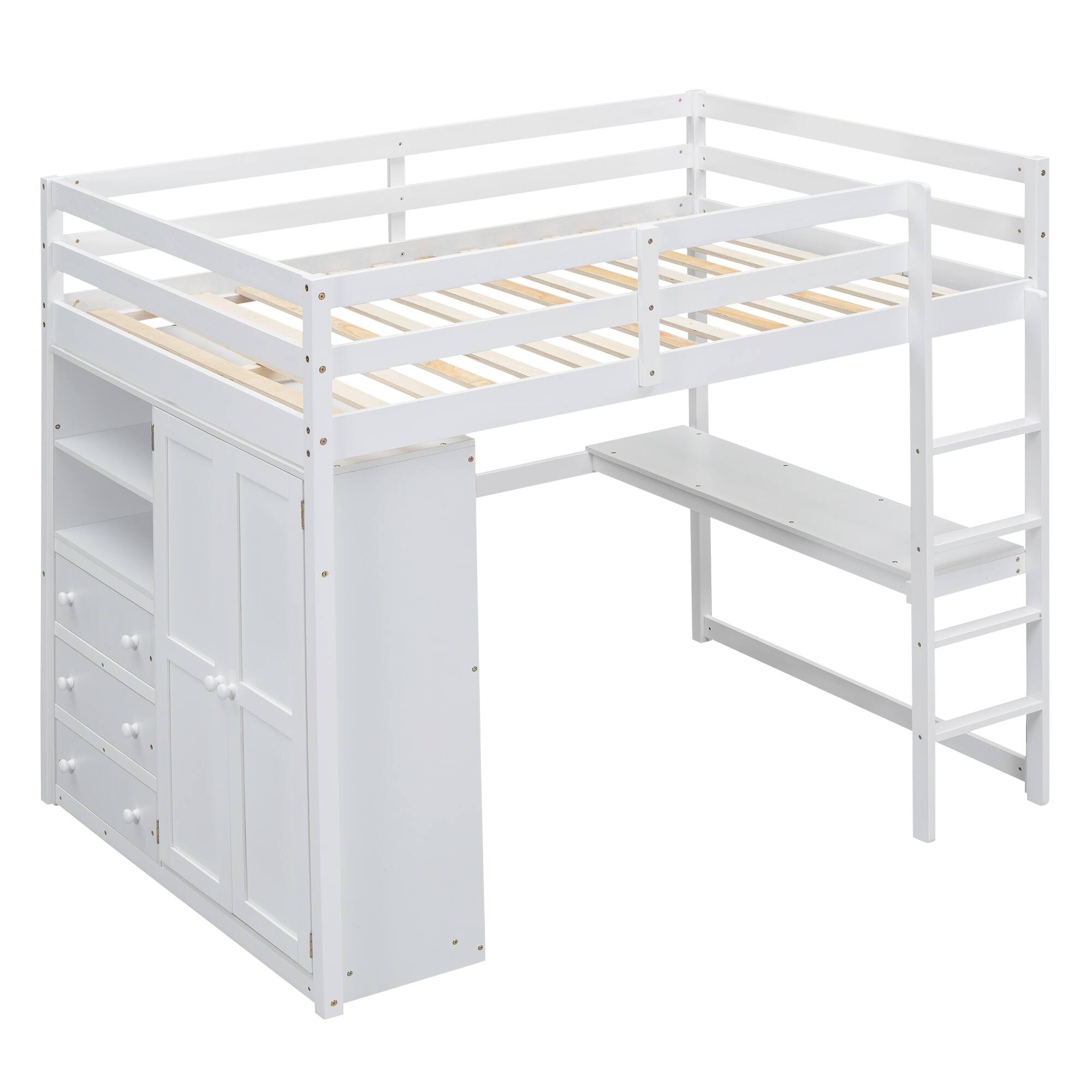 Back. Whisen - Full Size Loft Bed with Wardrobe, Desk, Storage Shelves and Drawers, Wood Bedroom Furniture - White.