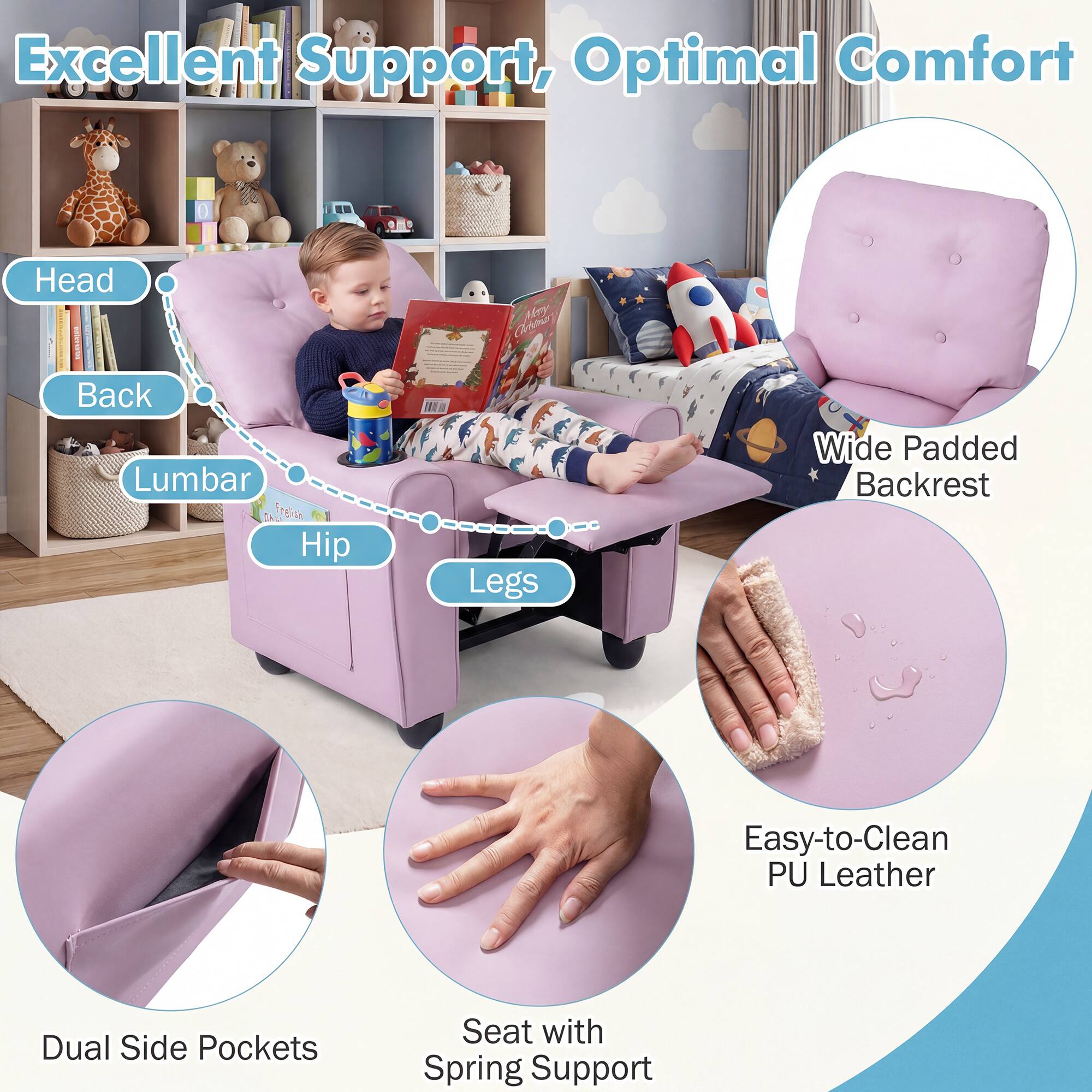 Excellent Support, Optimal Comfort

- Head
- Back
- Lumbar
- Hip
- Legs

Wide Padded Backrest

Dual Side Pockets

Seat with Spring Support

Easy-to-Clean PU Leather