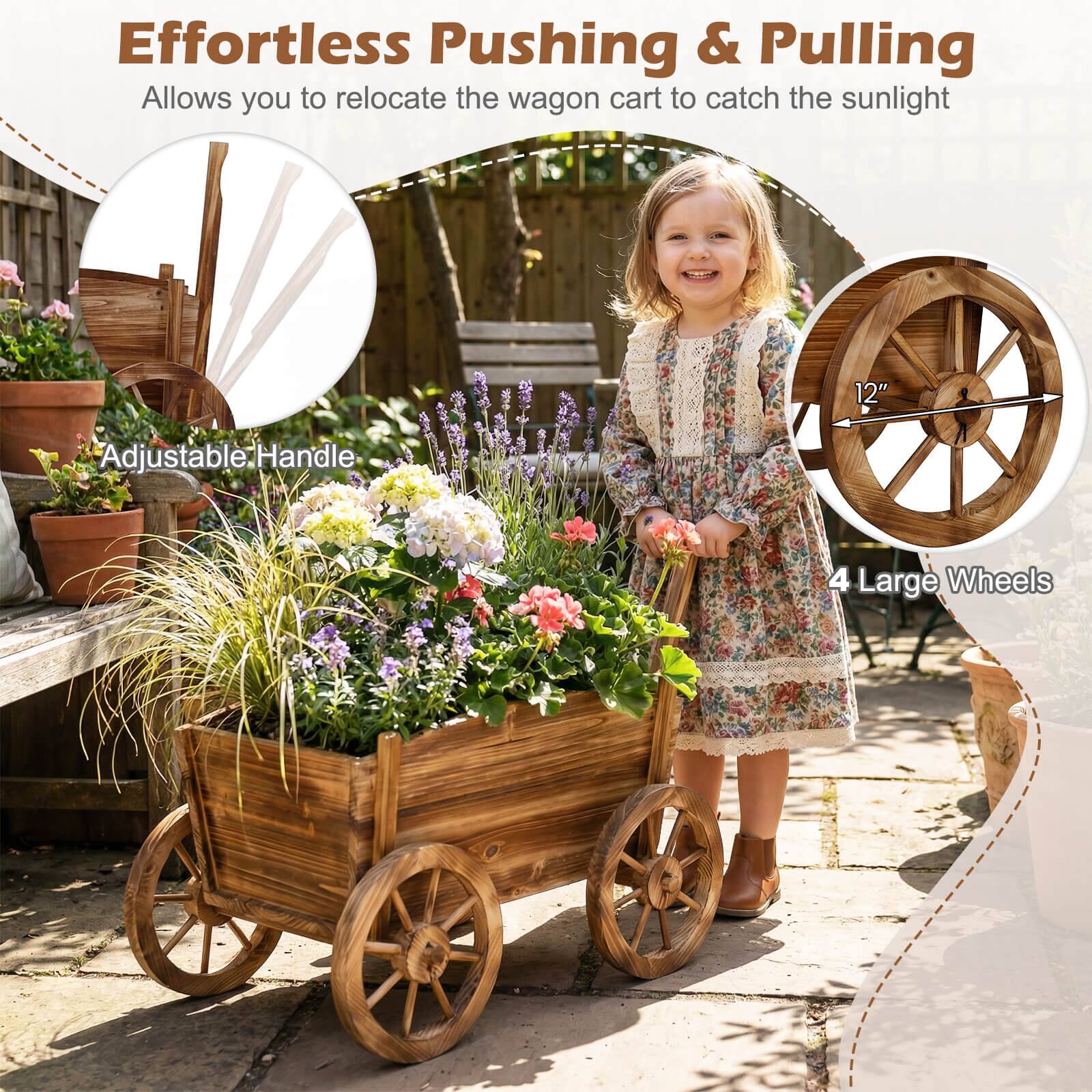 Effortless Pushing & Pulling  
Allows you to relocate the wagon cart to catch the sunlight  

12" Adjustable Handle  
4 Large Wheels