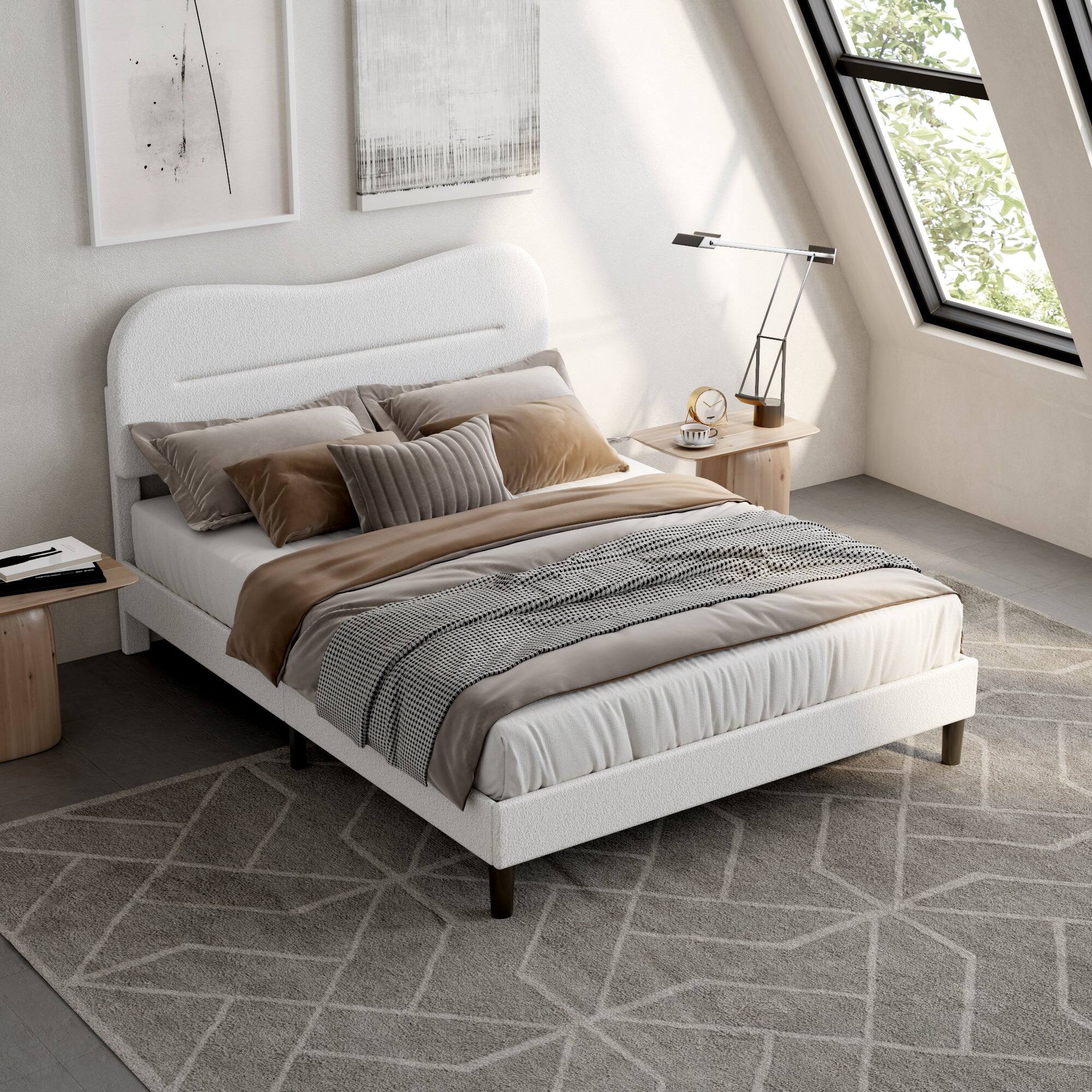 Angle. Furnulem - Bed Frame With Teddy Velvet Soft Curved Headboard Platform Bed With Wooden Slats Support - White.