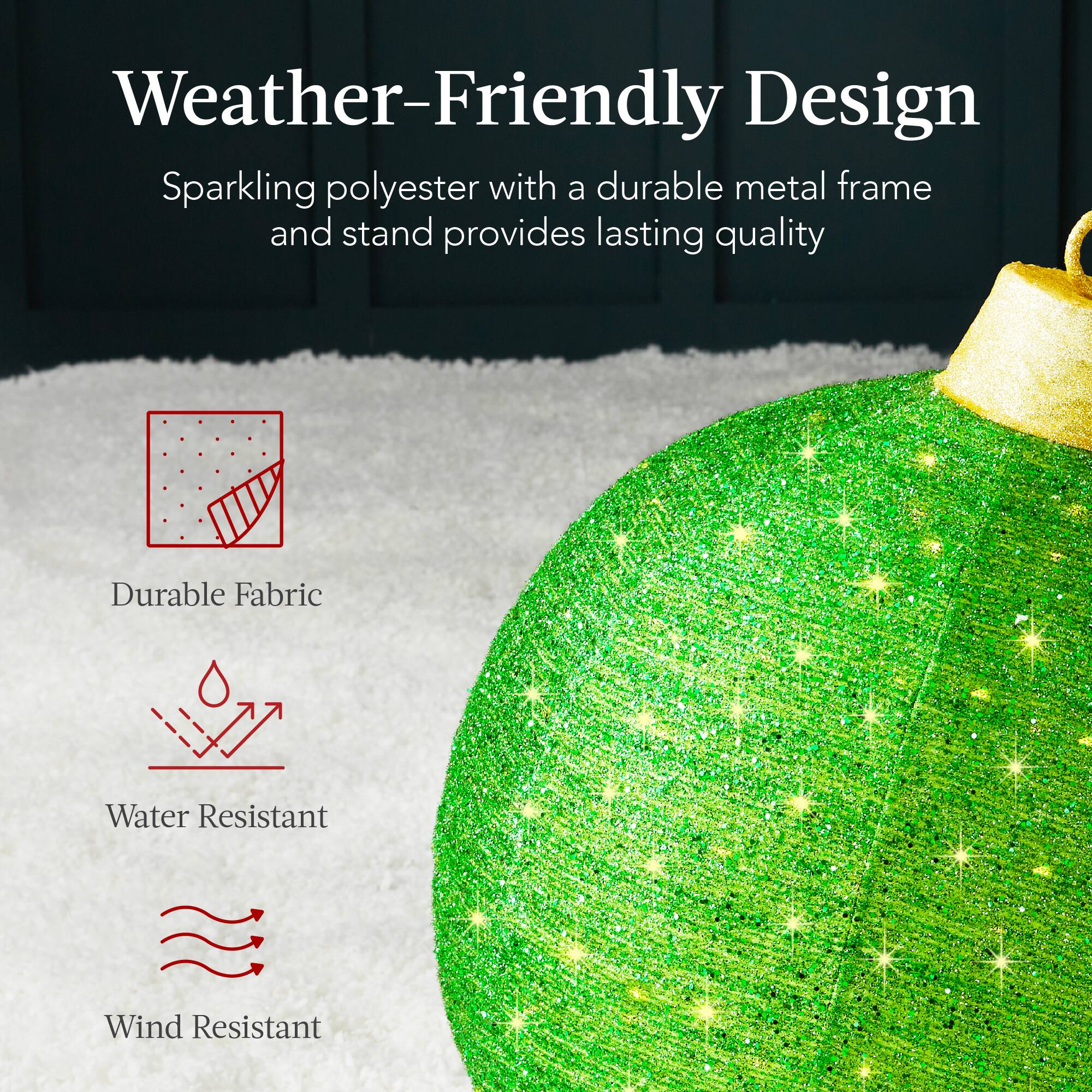 Weather-Friendly Design

Sparkling polyester with a durable metal frame and stand provides lasting quality

- Durable Fabric
- Water Resistant
- Wind Resistant