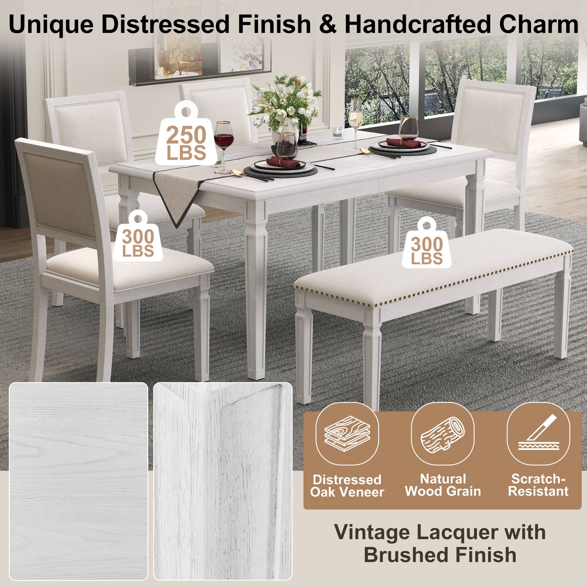 Unique Distressed Finish & Handcrafted Charm

250 LBS

300 LBS

300 LBS

Distressed Oak Veneer

Natural Wood Grain

Scratch-Resistant

Vintage Lacquer with Brushed Finish