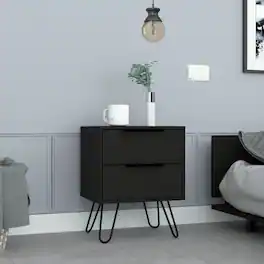 Loheer - Nightstand with Two Drawers, Modern Bedside Table with Storage - Black