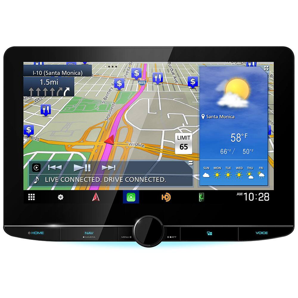 I-10 (Santa Monica)  
1.5mi  
LIMIT 65  

Santa Monica  
58°F  
66°F/50°F  

LIVE CONNECTED. DRIVE CONNECTED.  

AM 10:28  

HOME NAV CAMERA MENU  

ATT  

VOICE