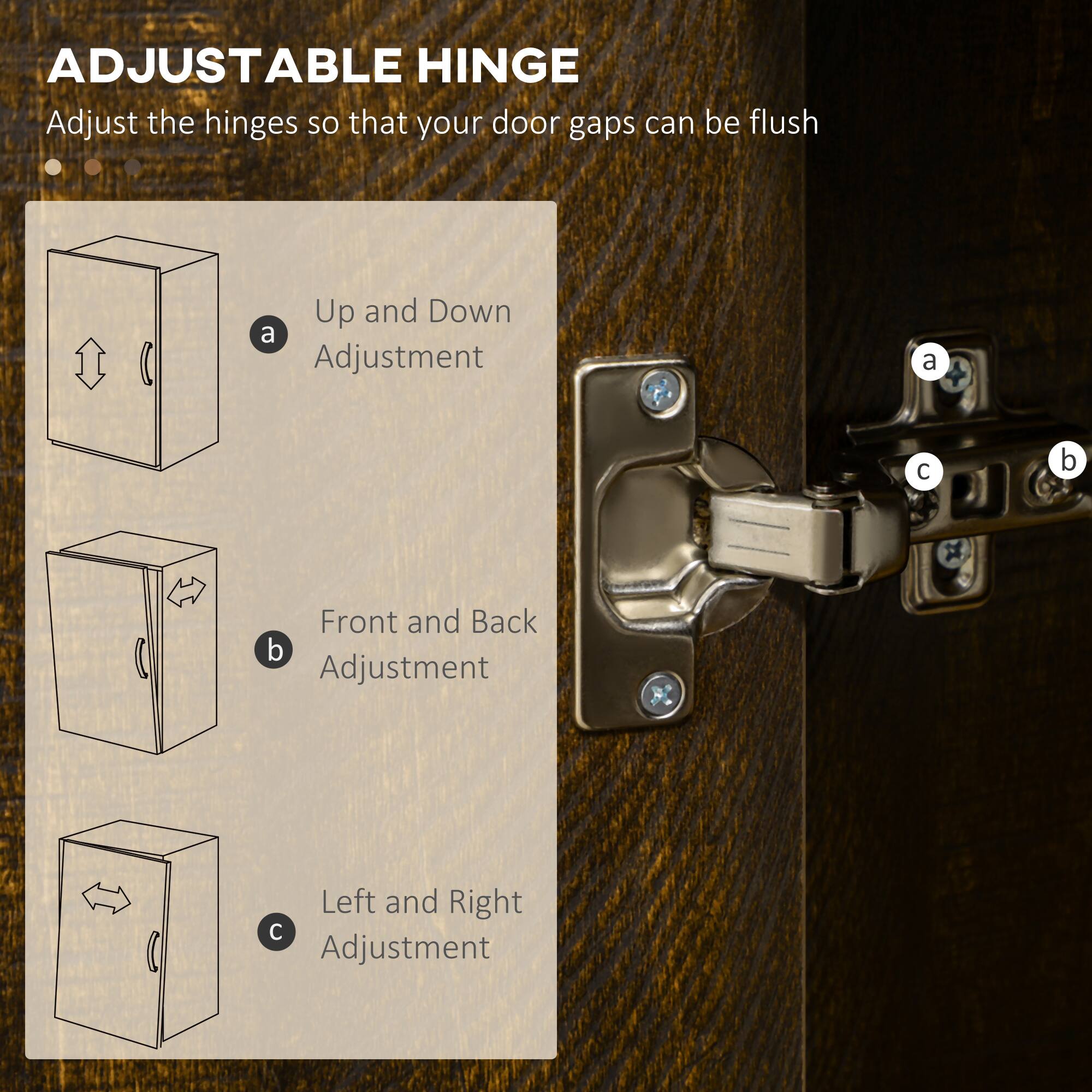 ADJUSTABLE HINGE

Adjust the hinges so that your door gaps can be flush

a. Up and Down Adjustment

b. Front and Back Adjustment

c. Left and Right Adjustment