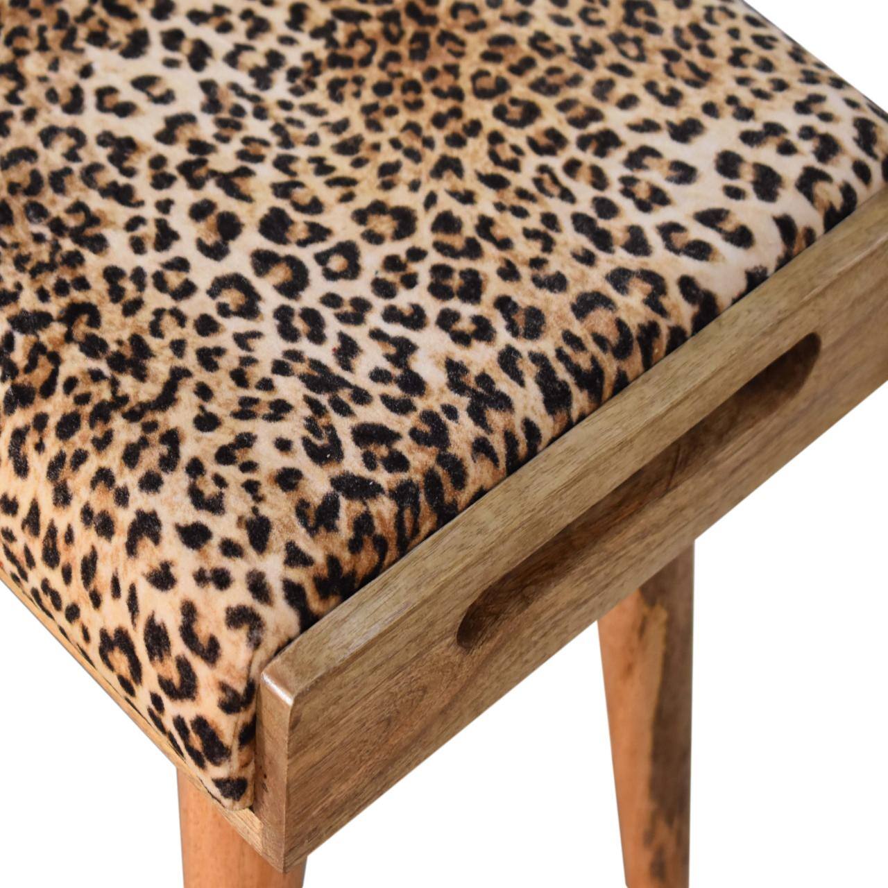 Alt View 1. Artisan Furniture - Artisan Furniture Solid Wood Leopard Velvet Tray Style Footstool, Upholstered, Leopard Print - Brown.