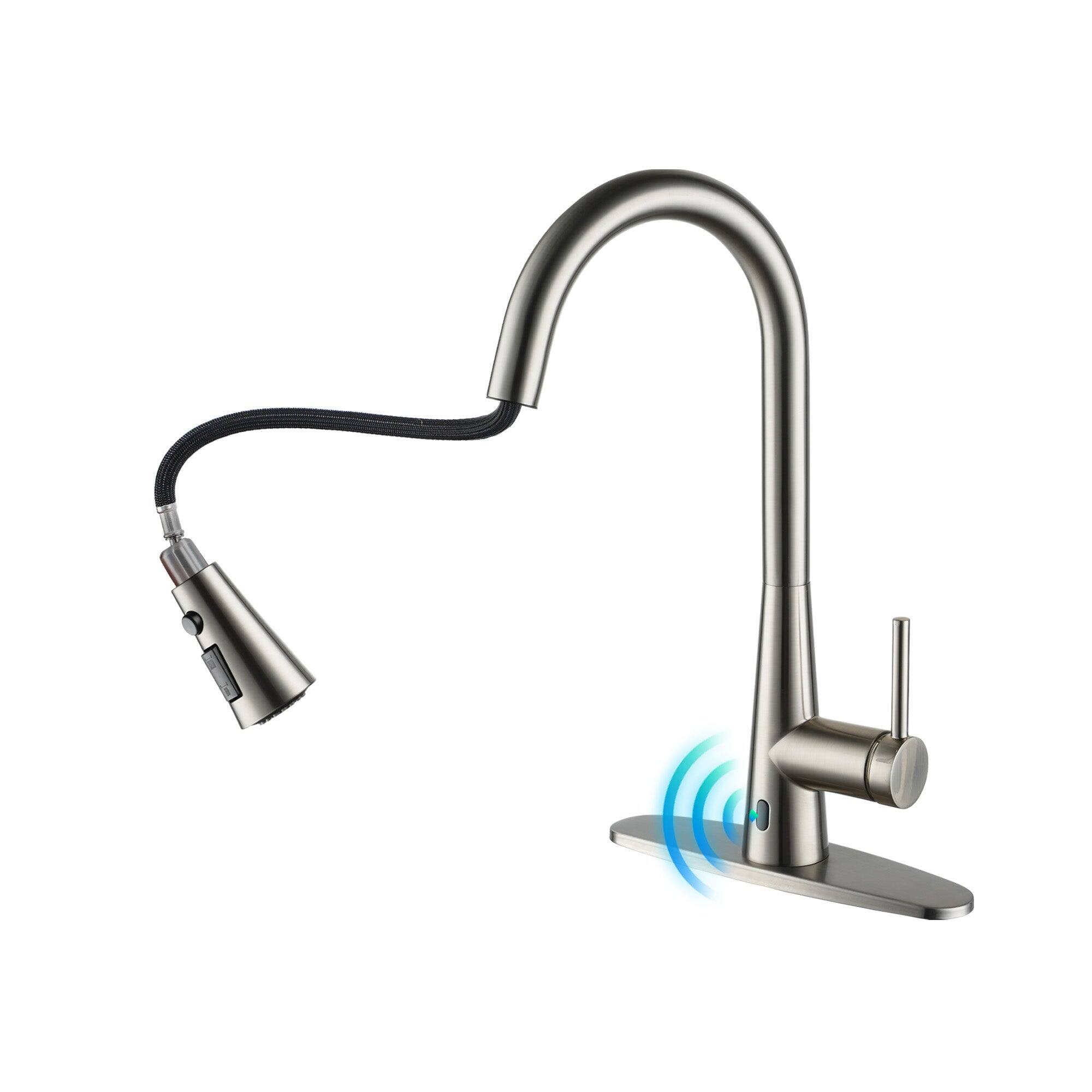 Angle. Boyel Living - 3-Spray Patterns Single Handle Touchless Pull Down Sprayer Kitchen Faucet with Deckplate Included in Brushed Nickel - Brushed Nickel.