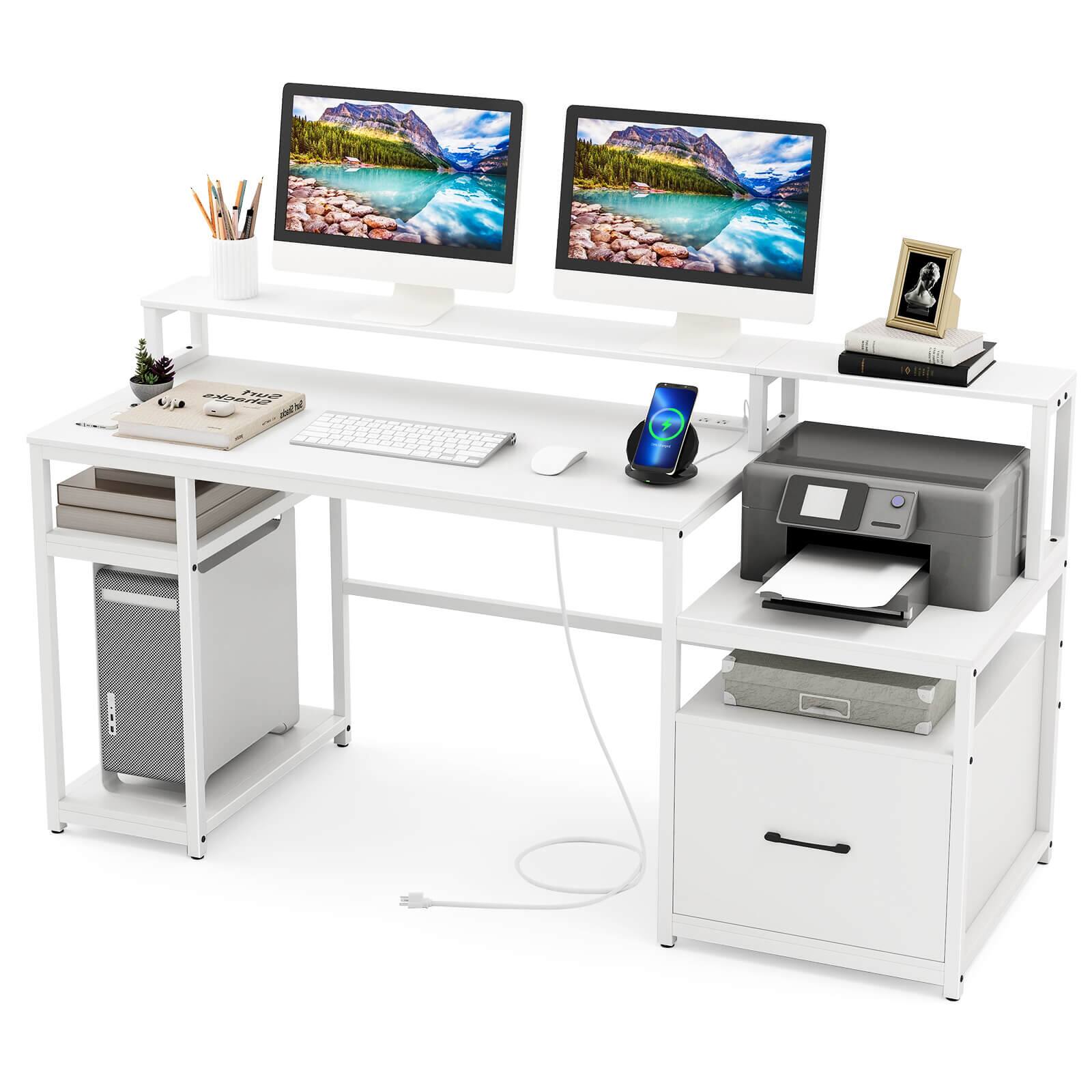 Costway - 66" Computer Workstation with Monitor Stand CPU Stand Printer Shelf & File Drawer - White