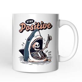 OrnamentallyYou - Stay Positive Funny Shark and Skeleton Mug, Mental Health Motivational Gift - White