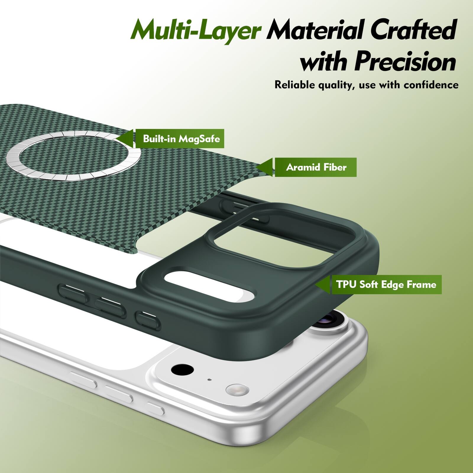 Multi-Layer Material Crafted with Precision  
Reliable quality, use with confidence  

- Built-in MagSafe  
- Aramid Fiber  
- TPU Soft Edge Frame