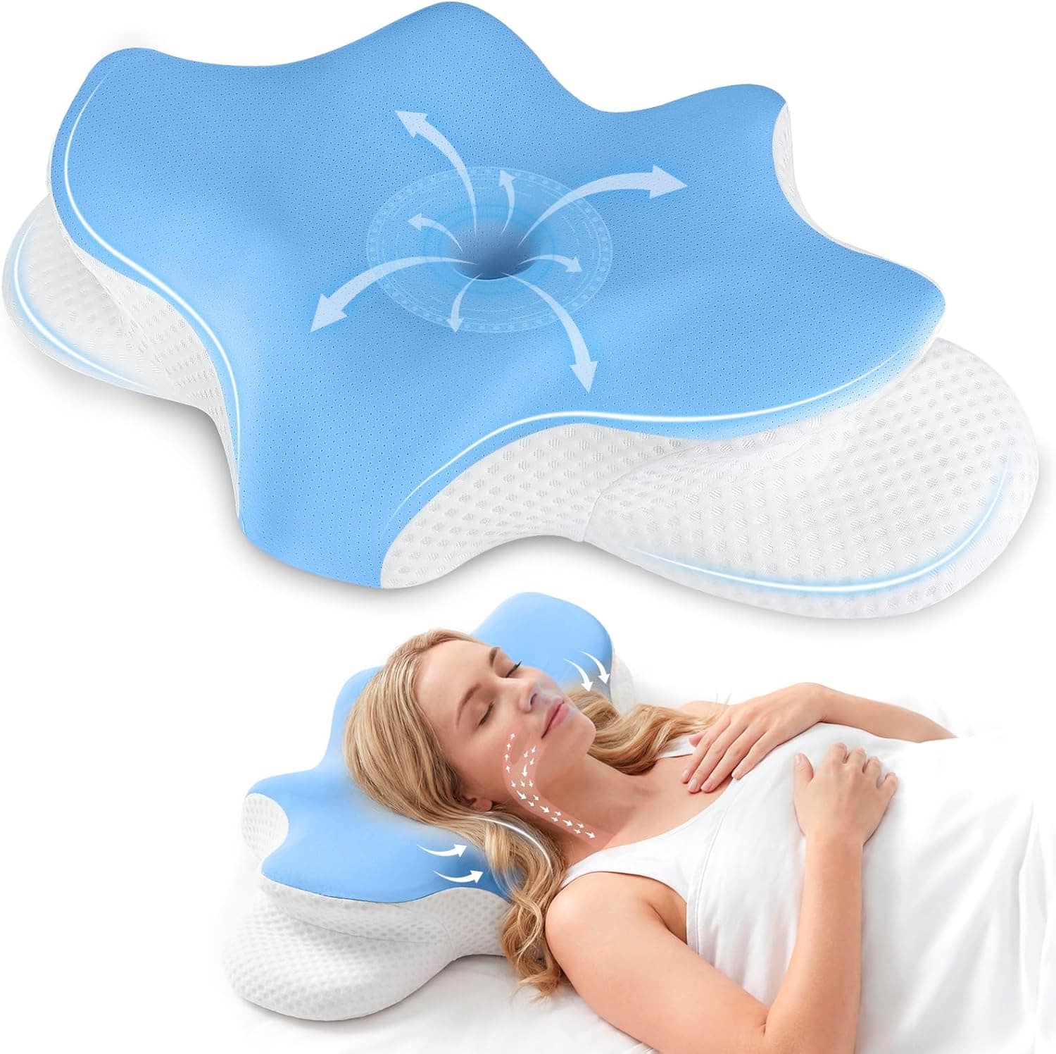FINEAK - Ergonomic Memory Foam Cervical Neck Pillow for Pain Relief & Support - Blue