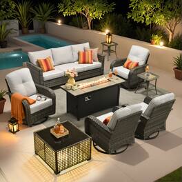 Ovios - 9 PCS Patio Furniture with 54" Fire Pit Table, 3 Seat Sofa with Swivel Chair, Side Table & Coffee Table - Gray