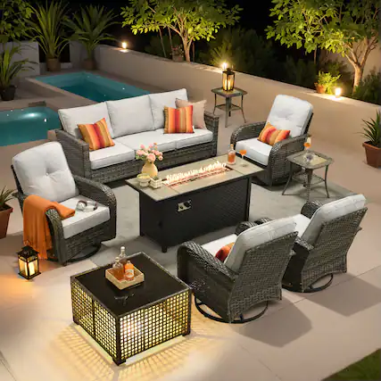 Front. Ovios - 9 PCS Patio Furniture with 54" Fire Pit Table, 3 Seat Sofa with Swivel Chair, Side Table & Coffee Table - Grey.