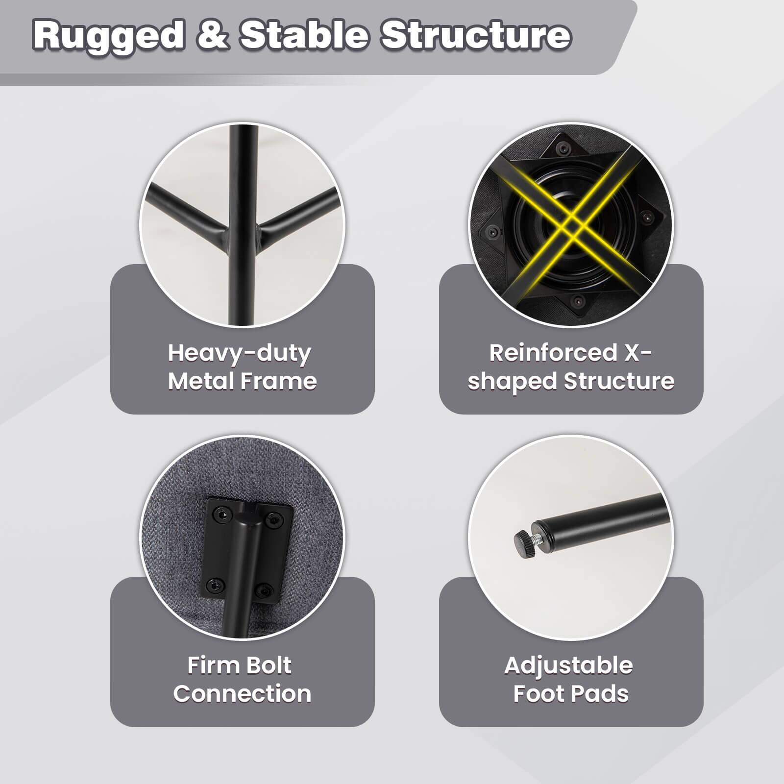Rugged & Stable Structure:

1. Heavy-duty Metal Frame: A metal frame that is designed to withstand heavy loads and provide stability.
2. Reinforced X-shaped Structure: An X-shaped structure that is reinforced to provide additional support and stability.
3. Firm Bolt Connection: A secure connection between two components using bolts to ensure a stable and strong connection.
4. Adjustable Foot Pads: Foot pads that can be adjusted to provide better support and stability on uneven surfaces.