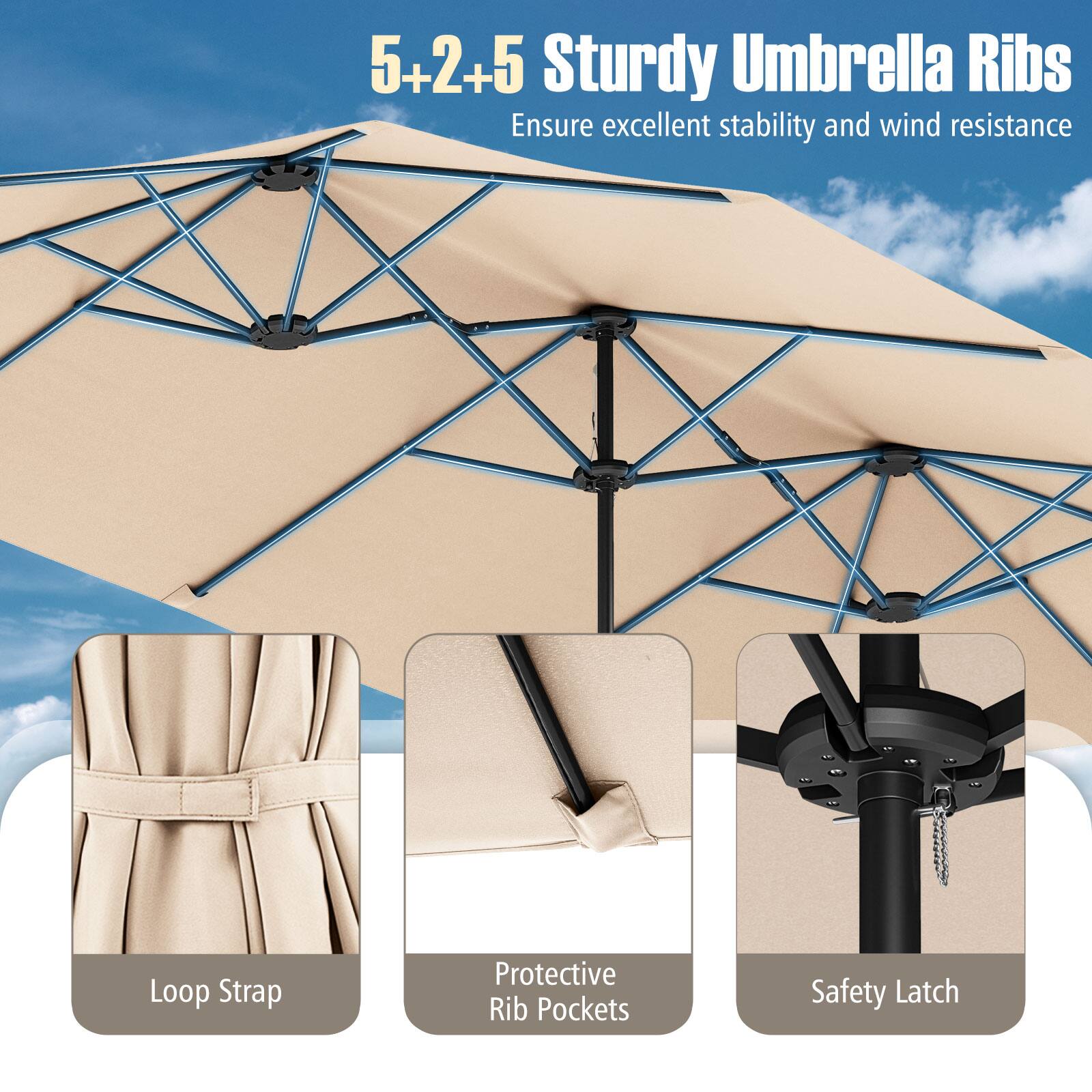5+2+5 Sturdy Umbrella Ribs Ensure excellent stability and wind resistance Loop Strap Protective Rib Pockets Safety Latch