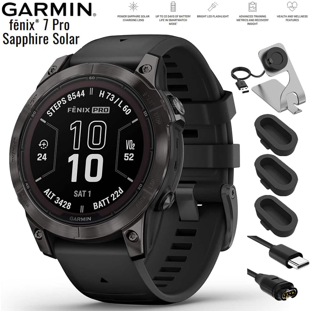 GARMIN  
fenix 7 Pro  
Sapphire Solar  

- POWER SAPPHIRE SOLAR CHARGING LENS  
- UP TO 22 DAYS OF BATTERY LIFE IN SMARTWATCH MODE  
- BRIGHT LED FLASHLIGHT  
- ADVANCED TRAINING METRICS AND RECOVERY INSIGHT  
- HEALTH AND WELLNESS FEATURES  

- STEPS 8544  
- H 731/L 60  
- VO2 52  
- ALT 3428  
- SAT 1  
- BATT 22d  

- GARMIN