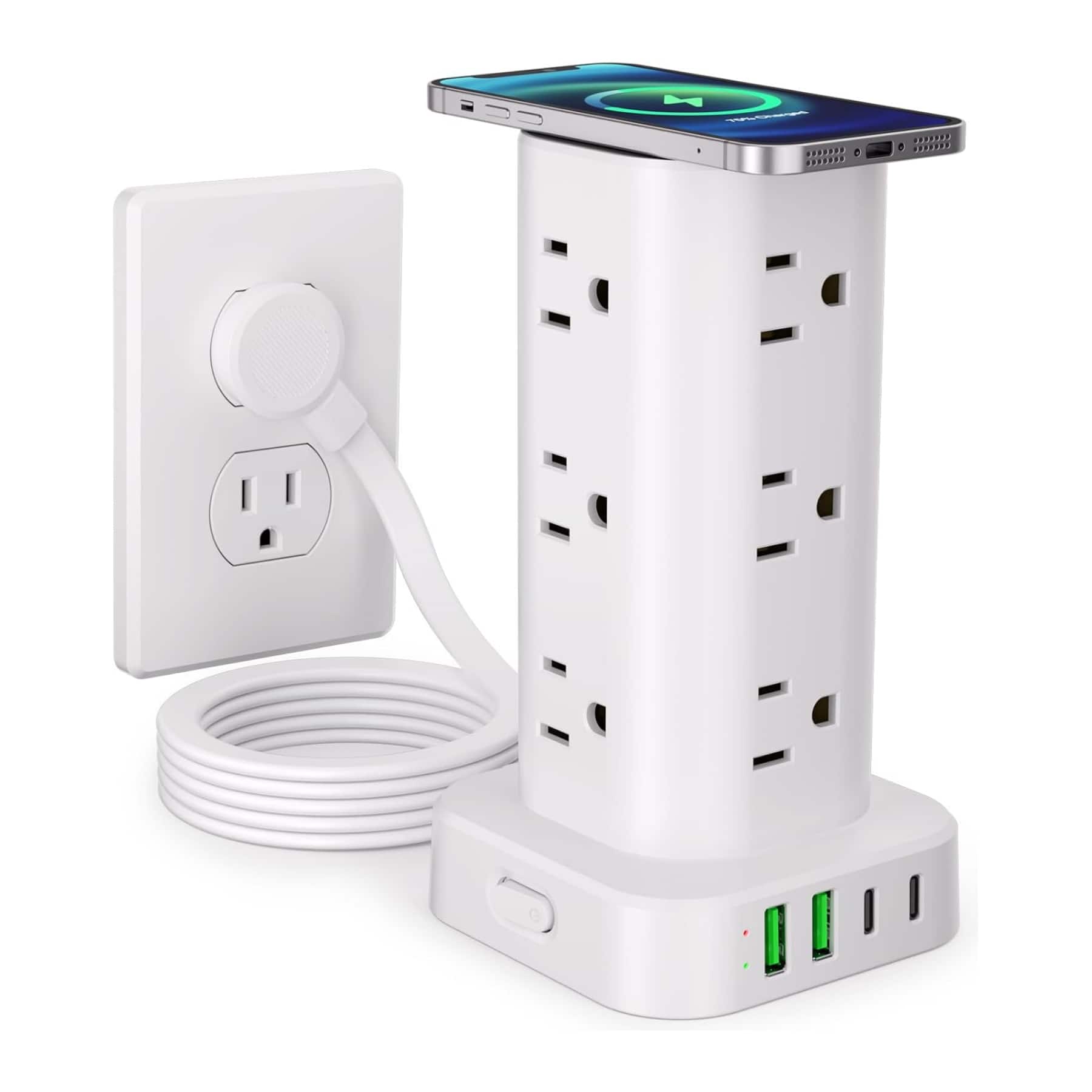 Dazzed Corner - Power Strip Tower with Wireless Charger, 6 FT Extension Cord - White